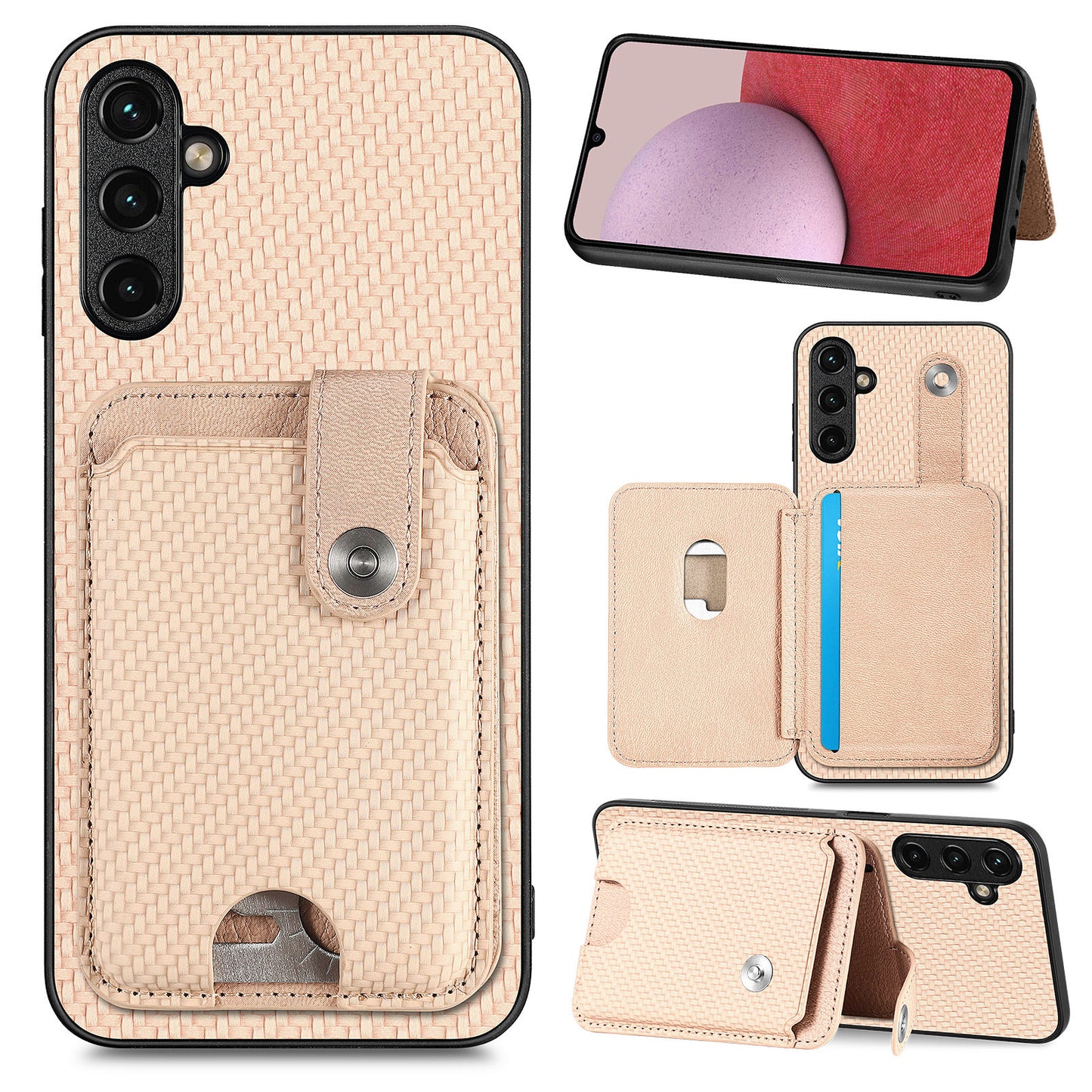 C1-06 For Samsung Galaxy A14 4G / 5G Case Carbon Fiber Texture Leather Phone Back Cover with Card Knife Tool - Khaki