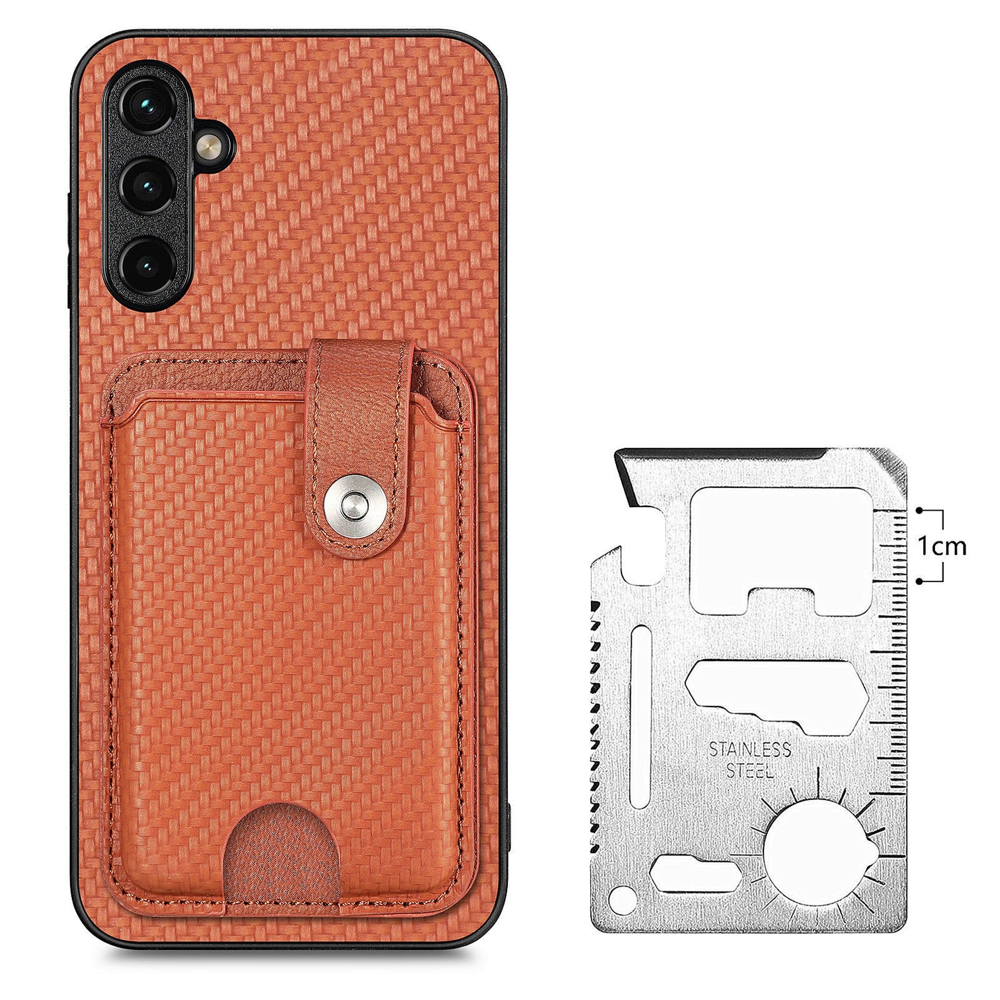 C1-06 For Samsung Galaxy A15 4G / 5G Case Leather Coated PC+TPU Phone Cover with Card Holder - Brown