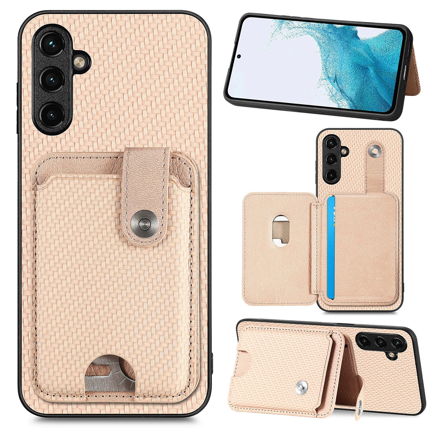 C1-06 For Samsung Galaxy A15 4G / 5G Case Leather Coated PC+TPU Phone Cover with Card Holder - Khaki