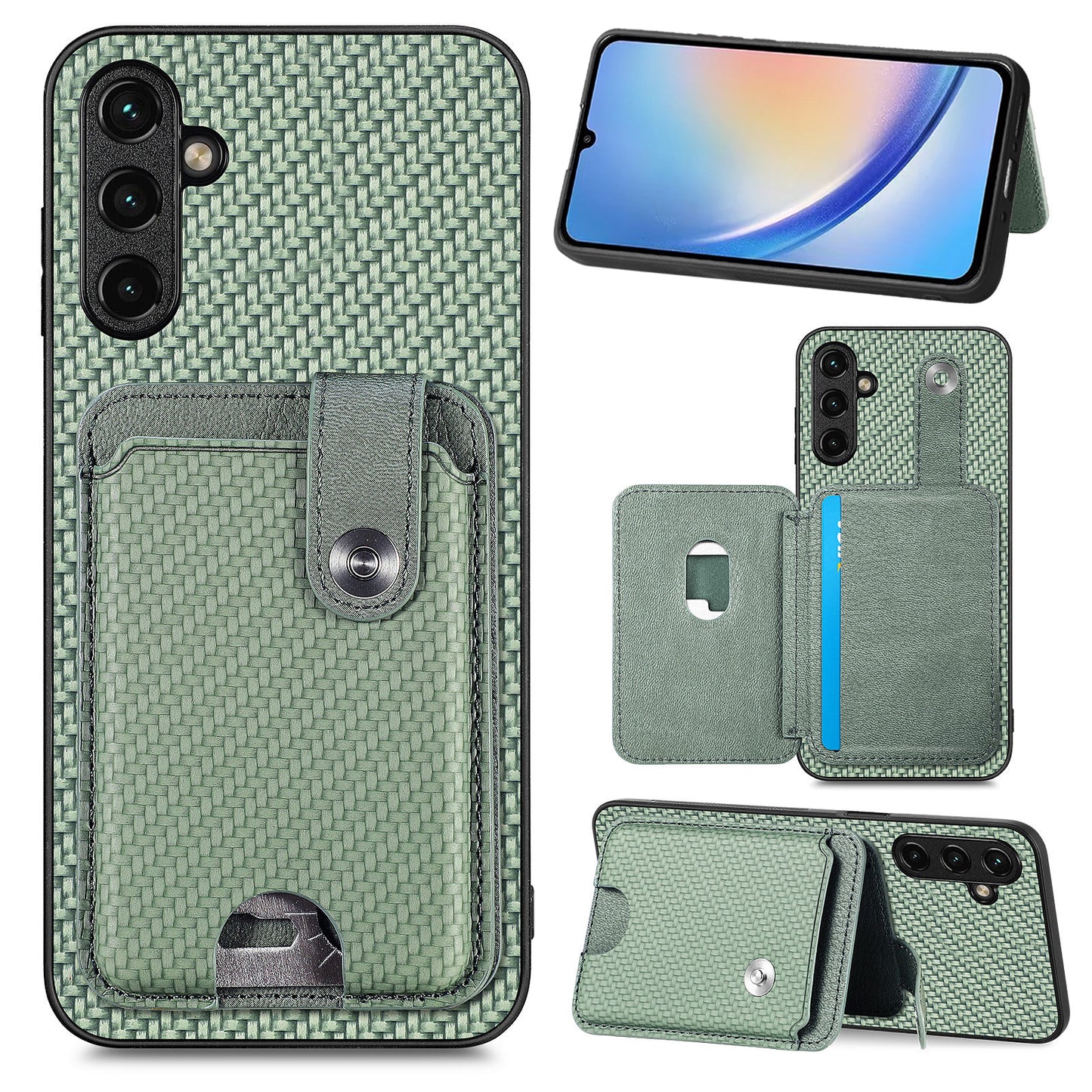 C1-06 For Samsung Galaxy A34 5G Case PU Leather Carbon Fiber Texture Phone Cover with Card Holder - Green