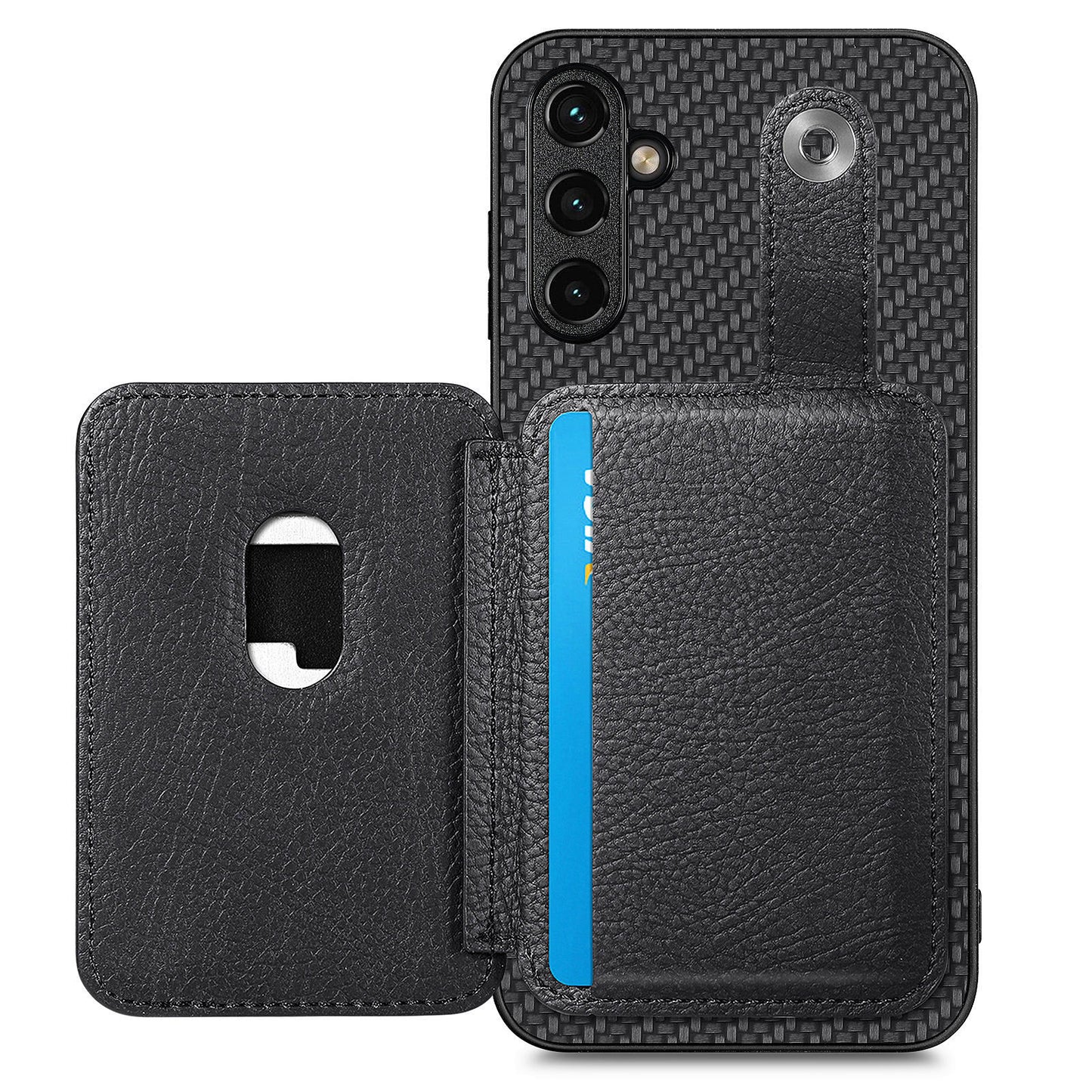C1-06 For Samsung Galaxy A55 5G Case Carbon Fiber Texture Kickstand Phone Cover with Card Knife Tool - Black