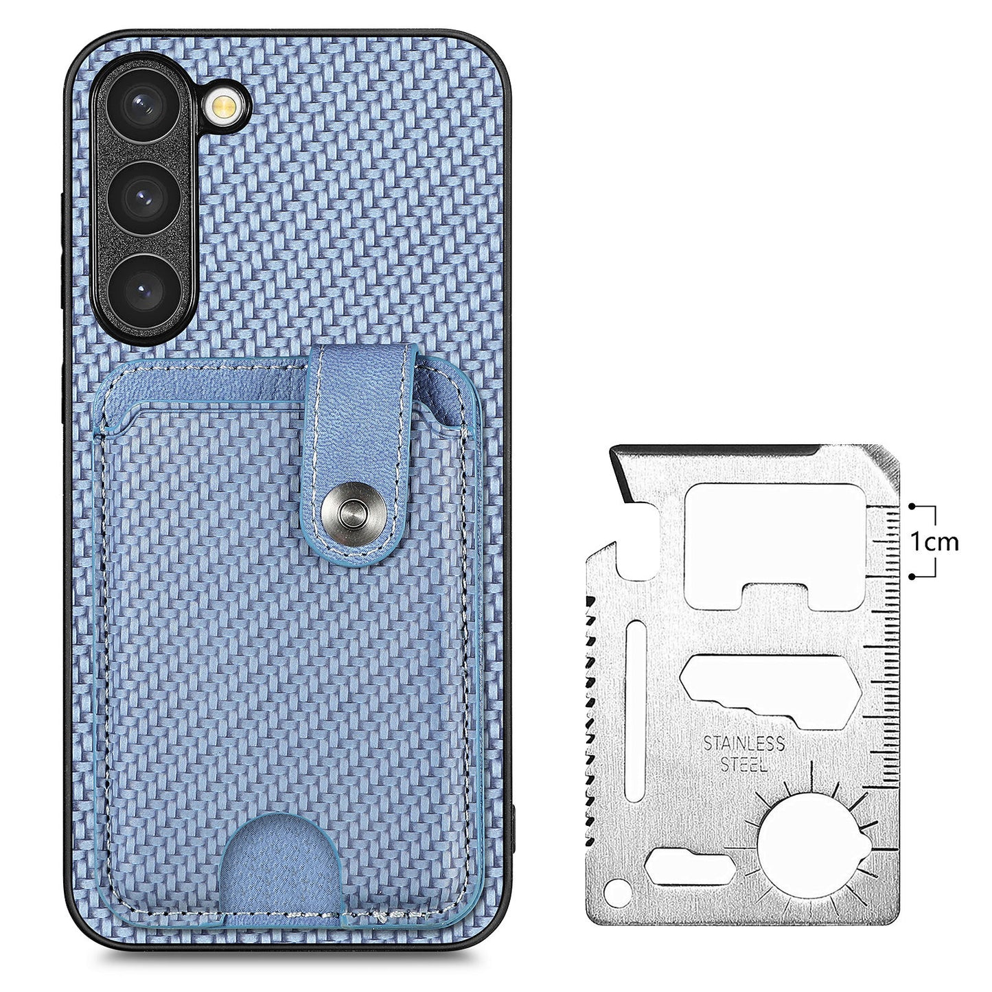 C1-06 For Samsung Galaxy S23+ Case Card Slots Leather Coated PC+TPU Cover with Card Knife Tool - Blue