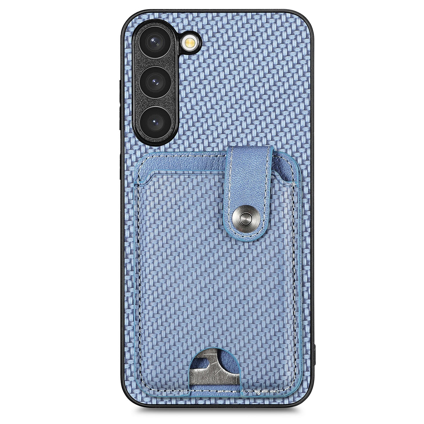 C1-06 For Samsung Galaxy S23+ Case Card Slots Leather Coated PC+TPU Cover with Card Knife Tool - Blue