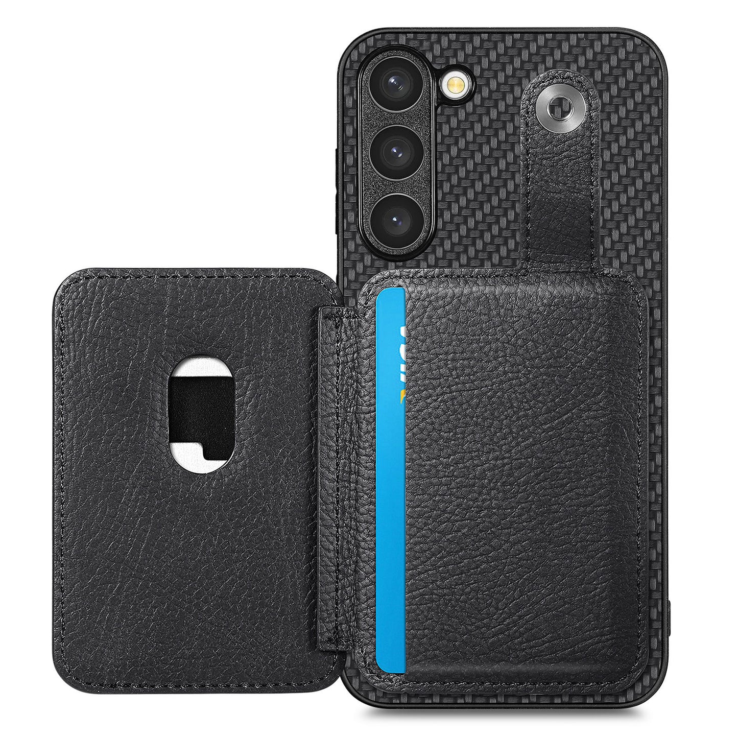 C1-06 For Samsung Galaxy S23+ Case Card Slots Leather Coated PC+TPU Cover with Card Knife Tool - Black