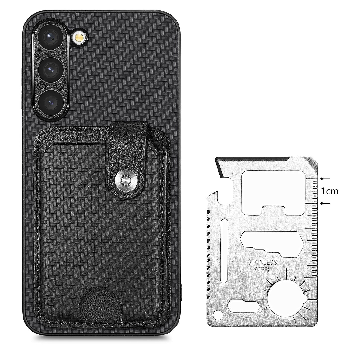 C1-06 For Samsung Galaxy S23+ Case Card Slots Leather Coated PC+TPU Cover with Card Knife Tool - Black