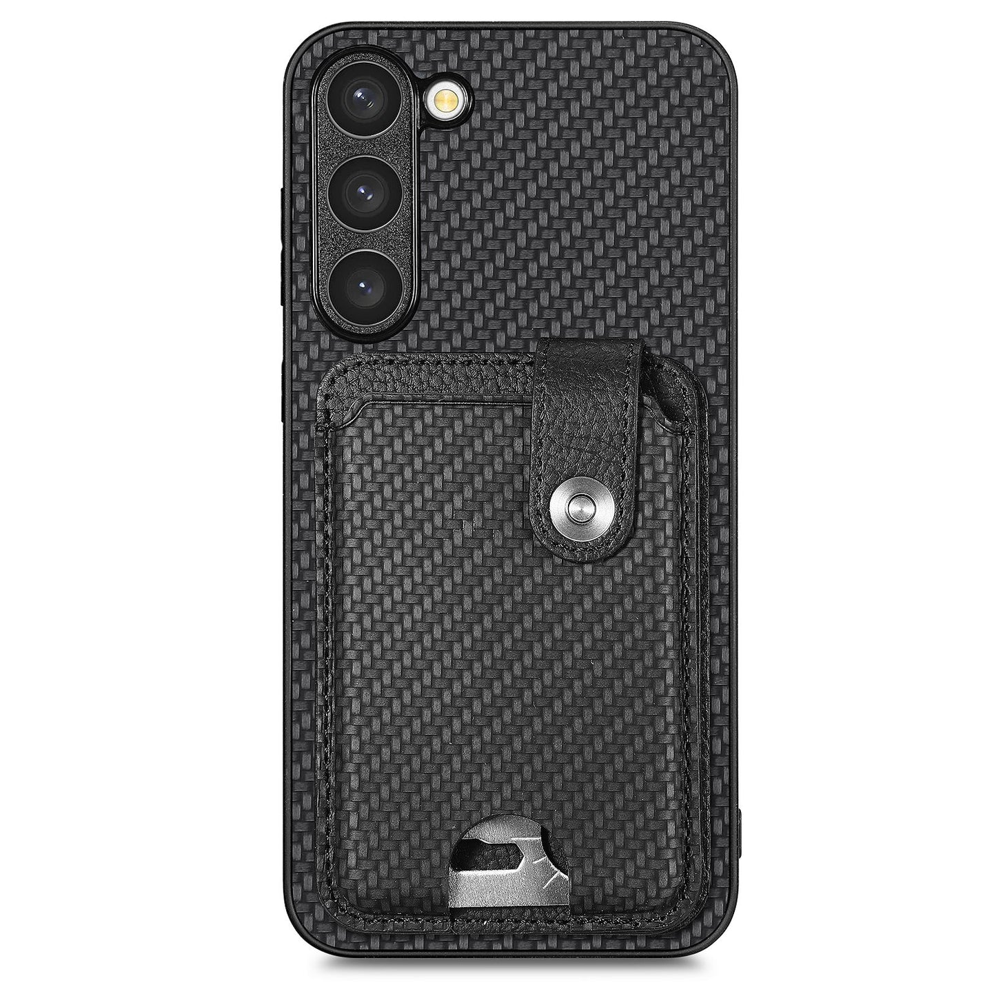 C1-06 For Samsung Galaxy S23+ Case Card Slots Leather Coated PC+TPU Cover with Card Knife Tool - Black