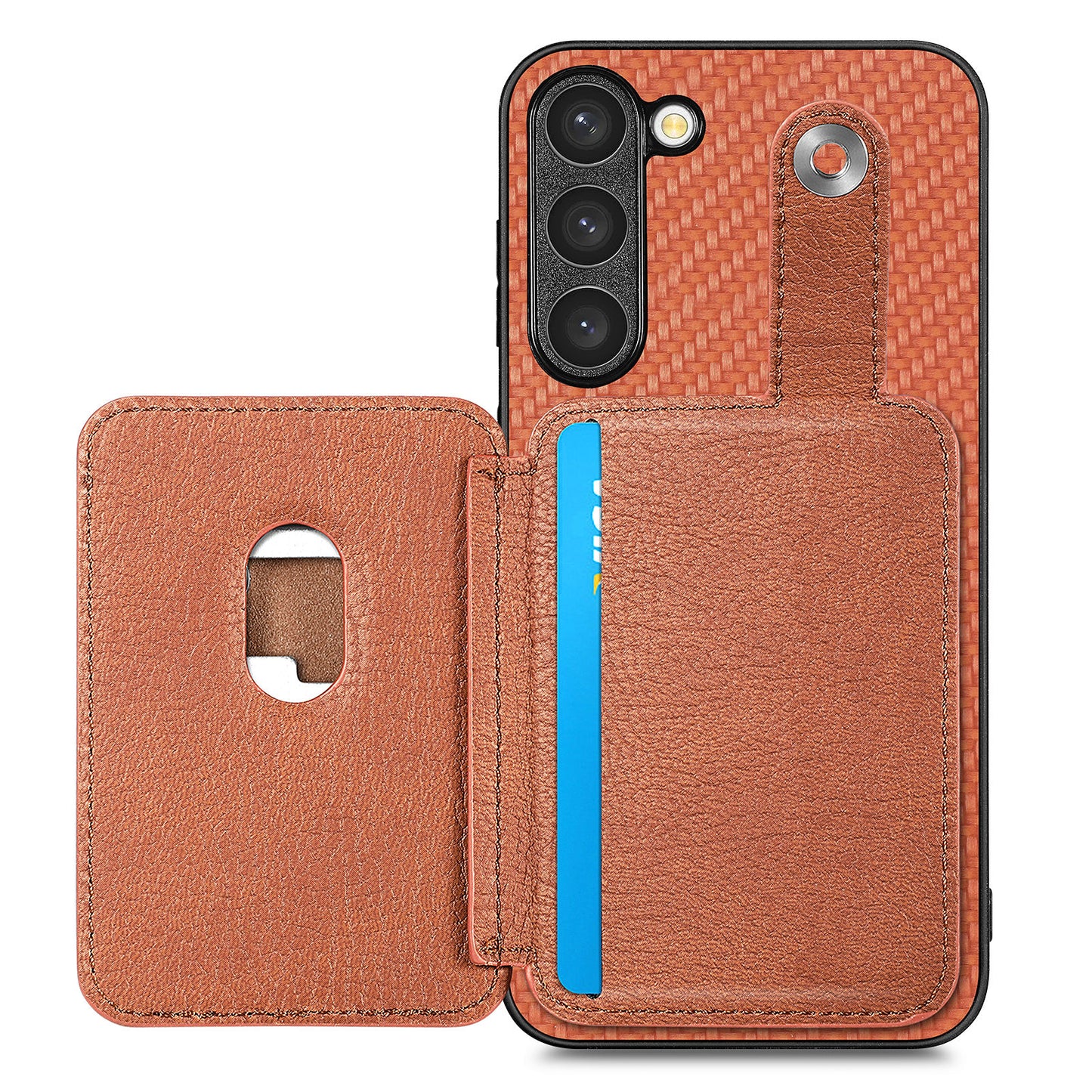 C1-06 For Samsung Galaxy S23+ Case Card Slots Leather Coated PC+TPU Cover with Card Knife Tool - Brown