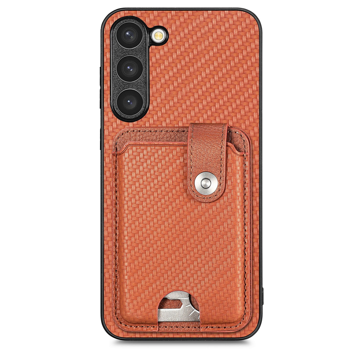 C1-06 For Samsung Galaxy S23+ Case Card Slots Leather Coated PC+TPU Cover with Card Knife Tool - Brown