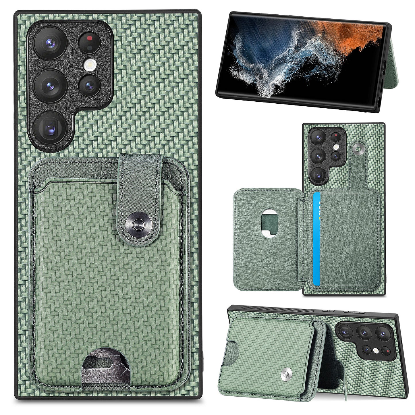 C1-06 For Samsung Galaxy S23 Ultra Phone Case with Card Knife Card Slots Leather Back Cover - Green