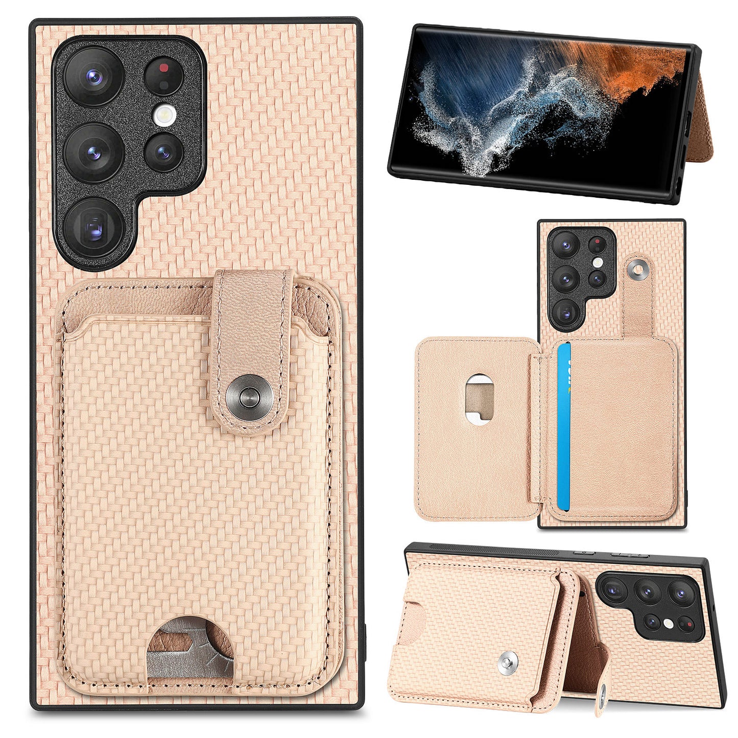 C1-06 For Samsung Galaxy S23 Ultra Phone Case with Card Knife Card Slots Leather Back Cover - Khaki