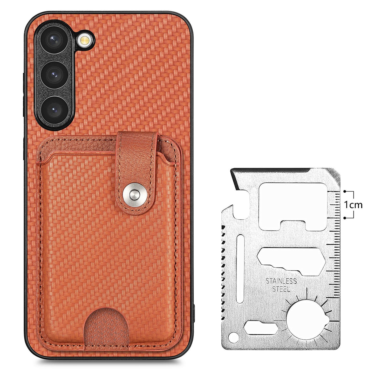 C1-06 For Samsung Galaxy S23 Case Card Slots Kickstand Leather Coating Phone Cover with Card Knife - Brown