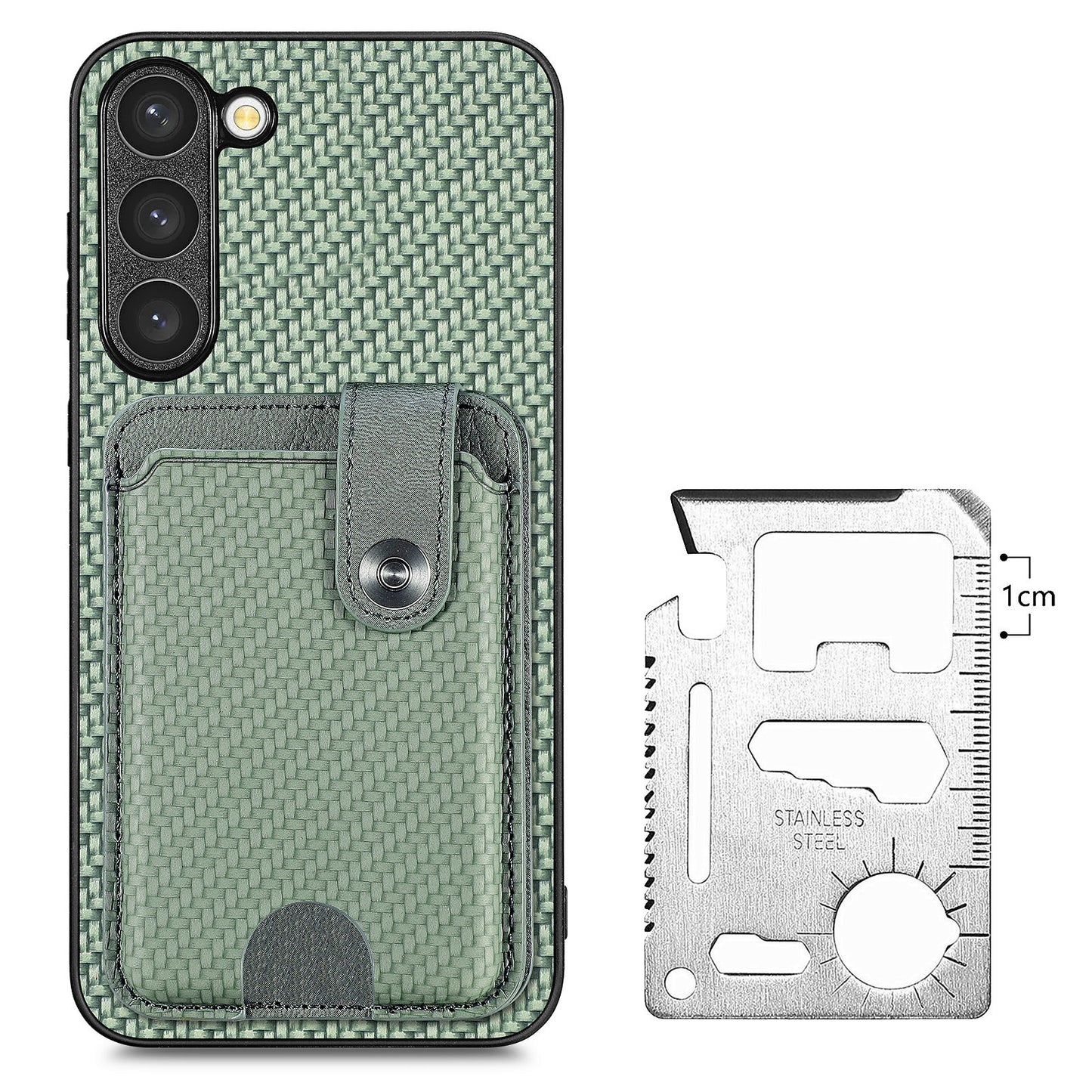 C1-06 For Samsung Galaxy S23 Case Card Slots Kickstand Leather Coating Phone Cover with Card Knife - Green
