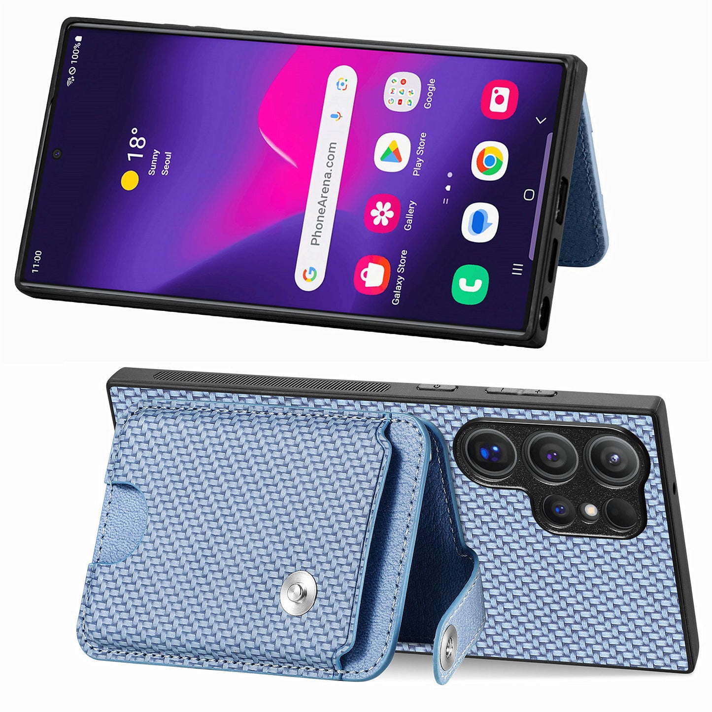 C1-06 For Samsung Galaxy S24 Ultra Case Leather Coated PC+TPU Card Slots Cover with Card Knife Blue - Blue