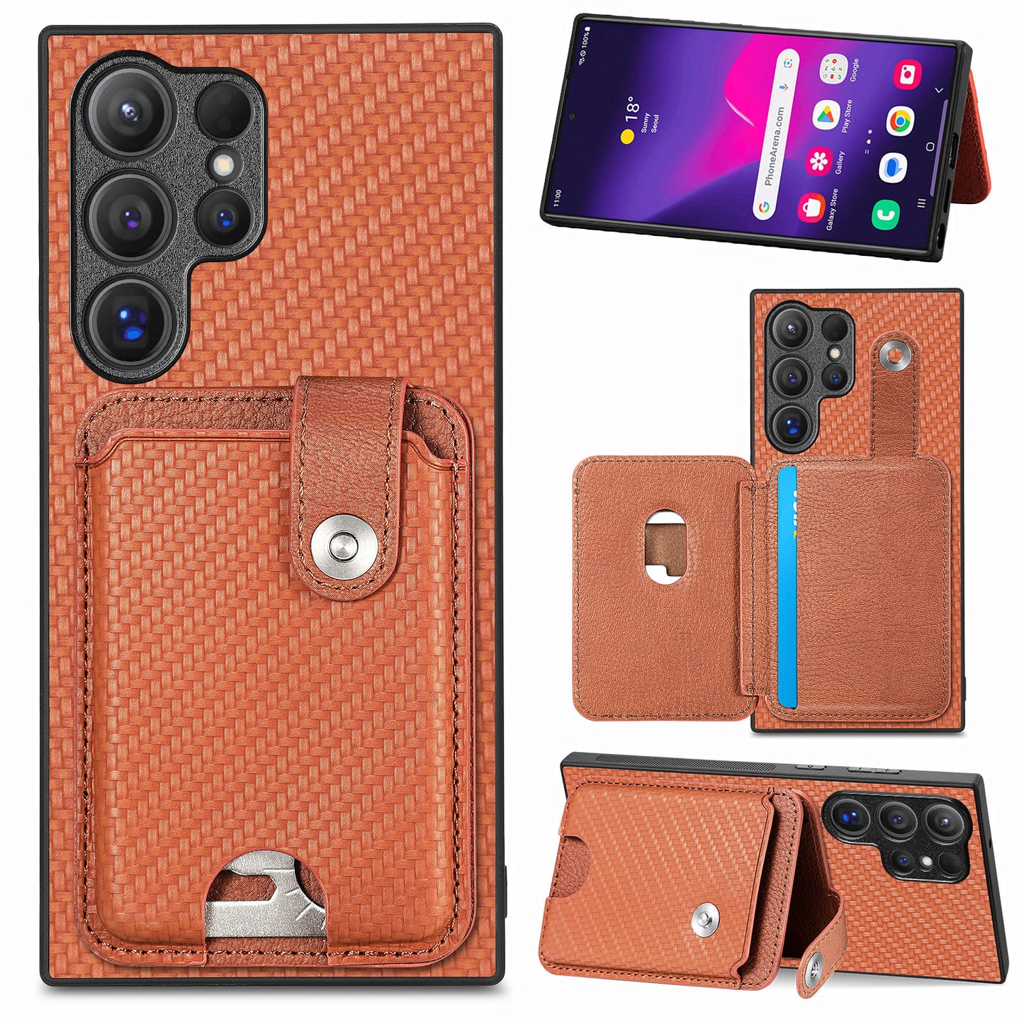 C1-06 For Samsung Galaxy S24 Ultra Case Leather Coated PC+TPU Card Slots Cover with Card Knife Brown - Brown