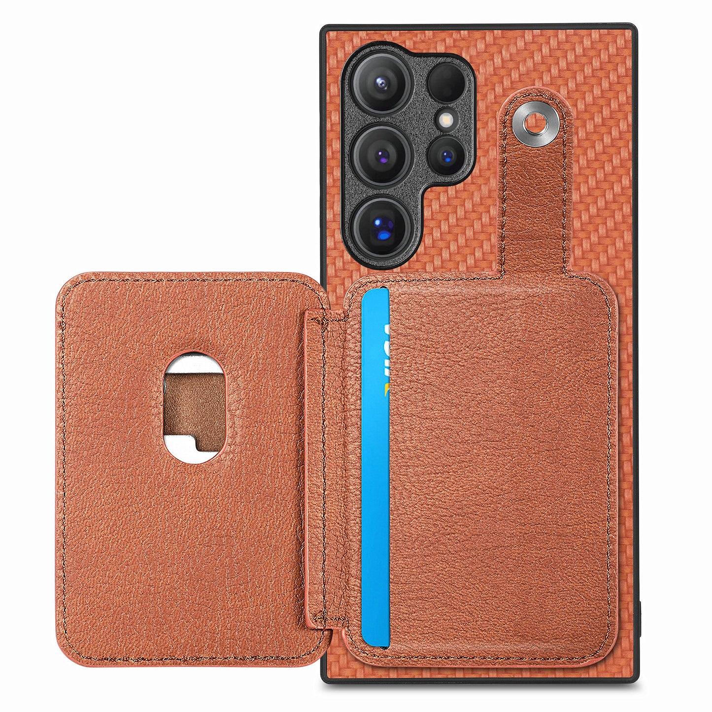 C1-06 For Samsung Galaxy S24 Ultra Case Leather Coated PC+TPU Card Slots Cover with Card Knife Brown - Brown
