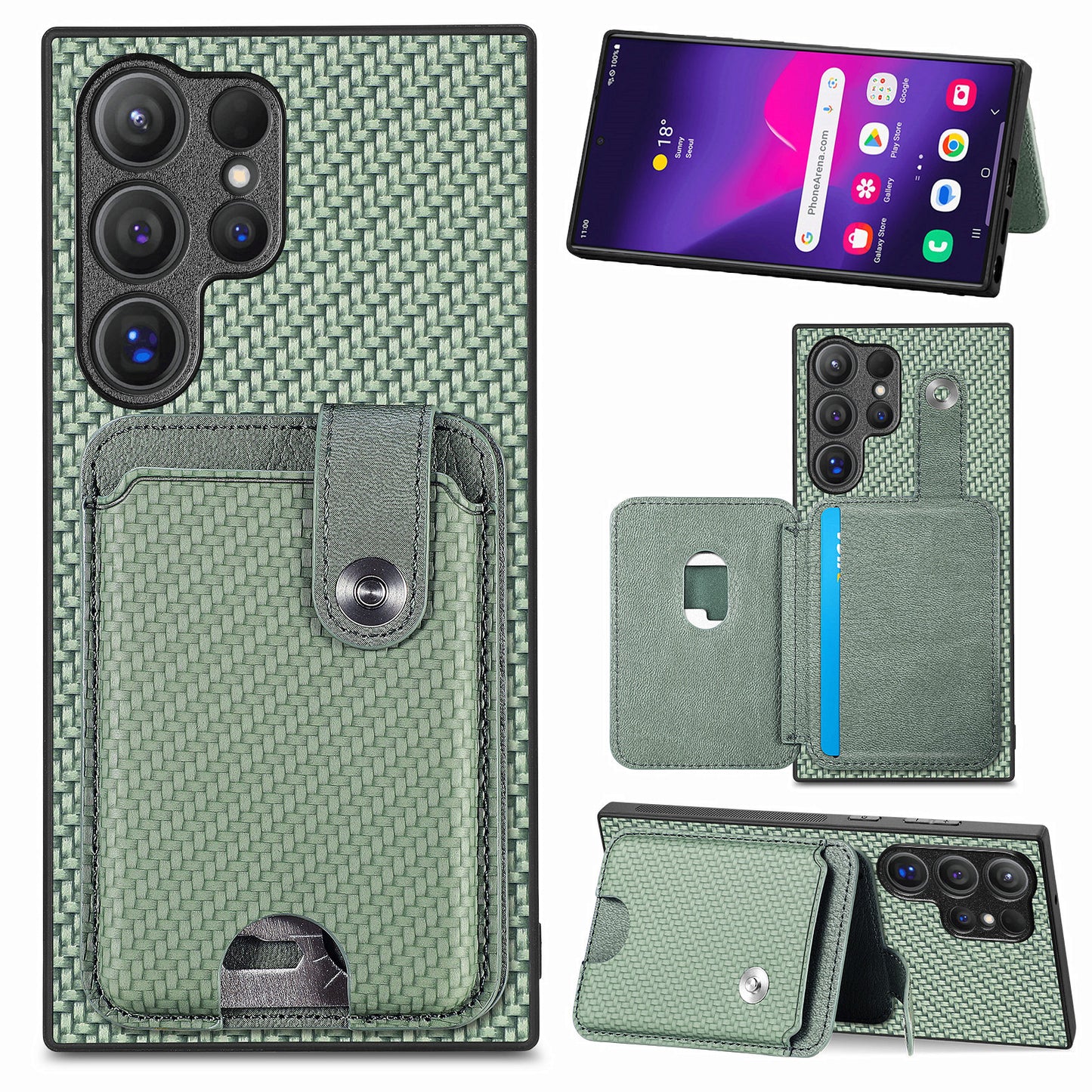 C1-06 For Samsung Galaxy S24 Ultra Case Leather Coated PC+TPU Card Slots Cover with Card Knife Green - Green