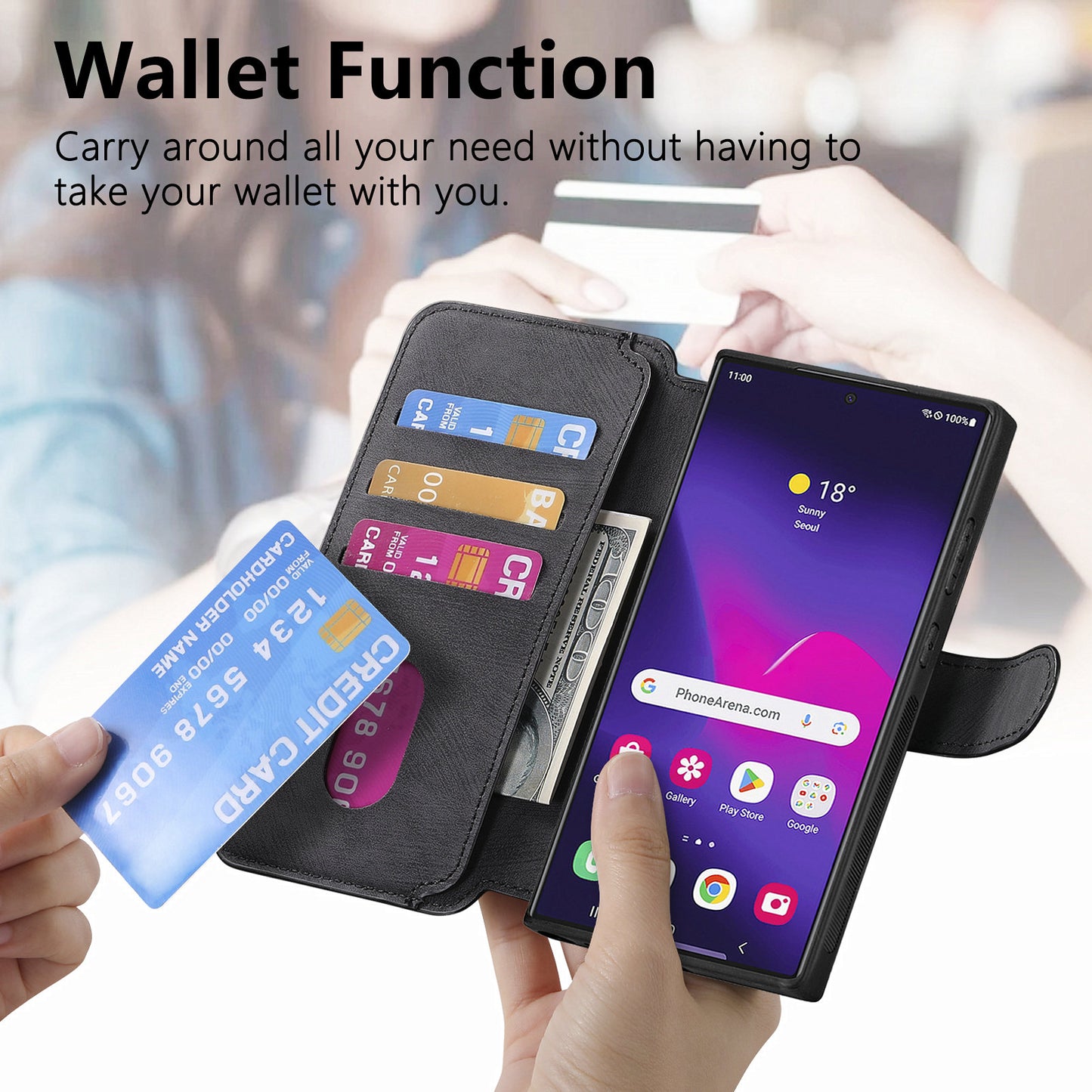 CASENEO MW-03 For Samsung Galaxy S24 Ultra Case Retro Leather Coated TPU Phone Cover 2 in 1 Detachable - Black