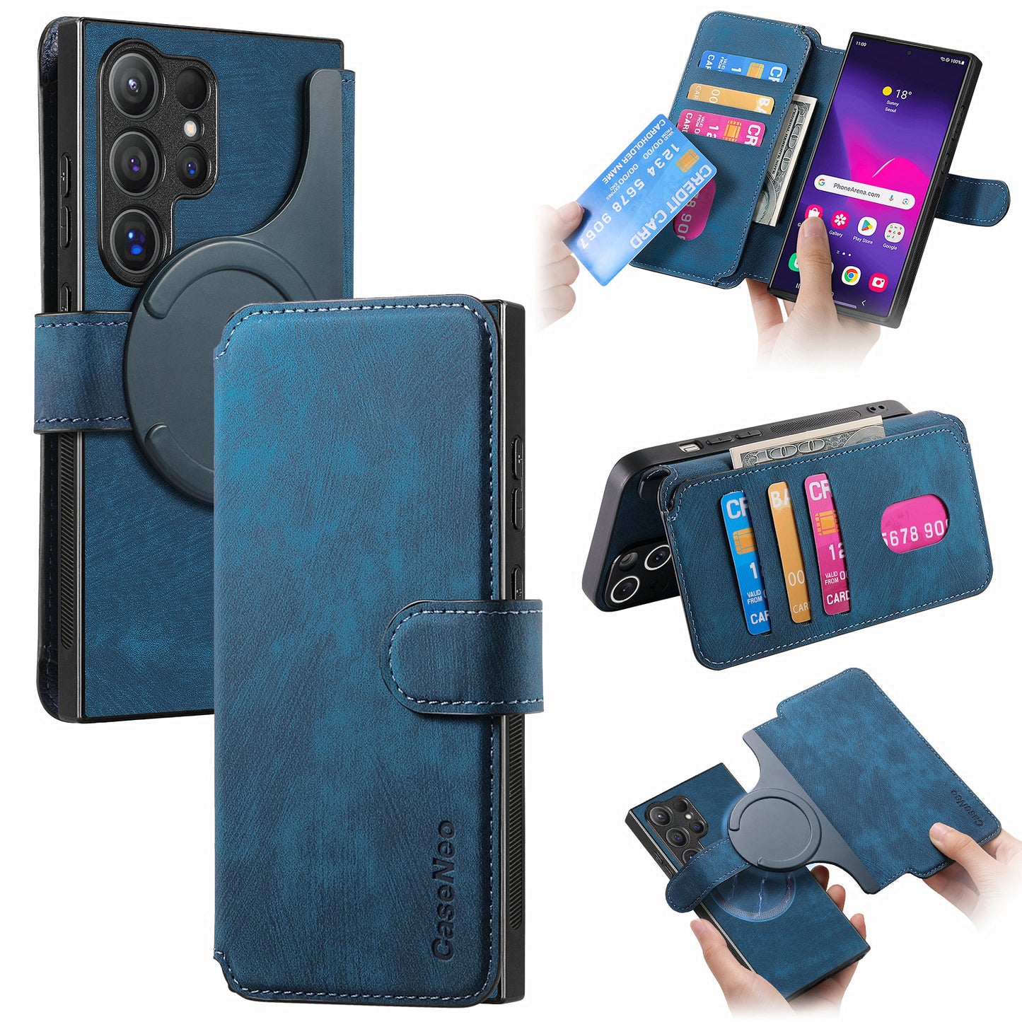 CASENEO MW-03 For Samsung Galaxy S24 Ultra Case Retro Leather Coated TPU Phone Cover 2 in 1 Detachable - Dark Blue