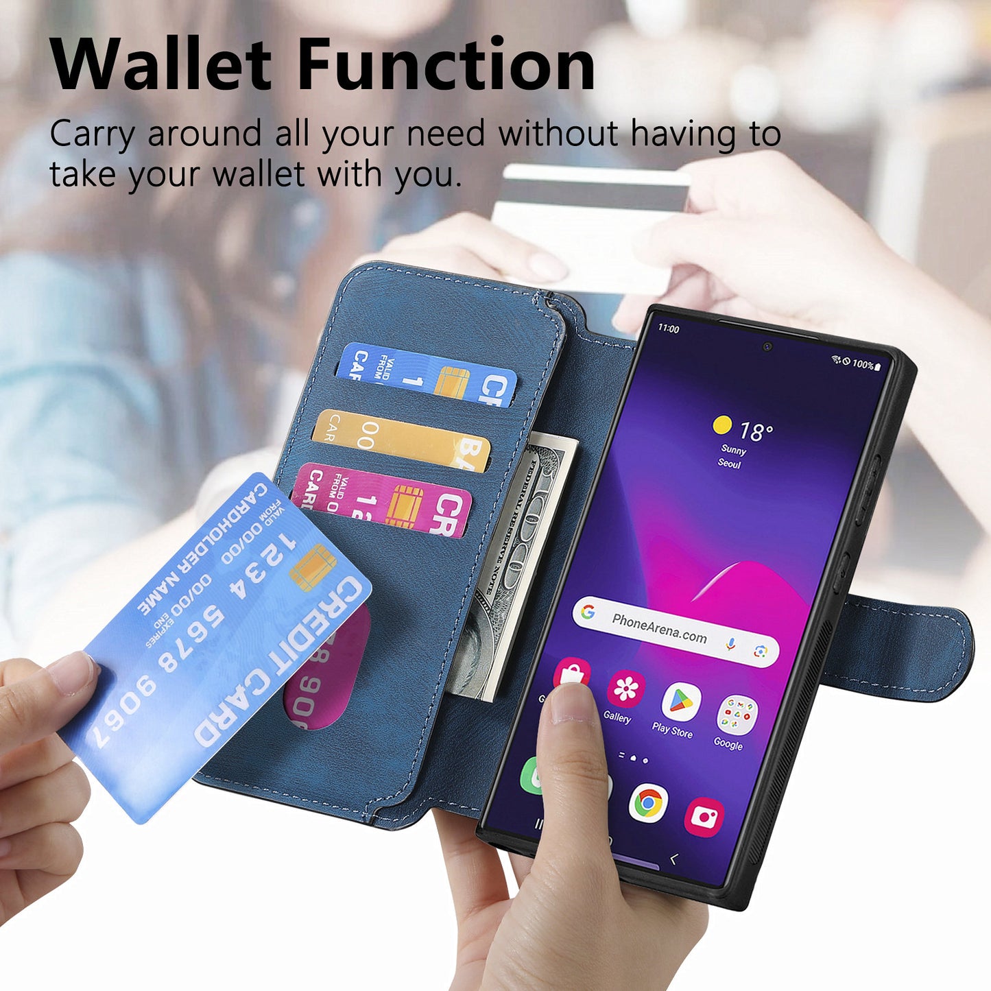 CASENEO MW-03 For Samsung Galaxy S24 Ultra Case Retro Leather Coated TPU Phone Cover 2 in 1 Detachable - Dark Blue