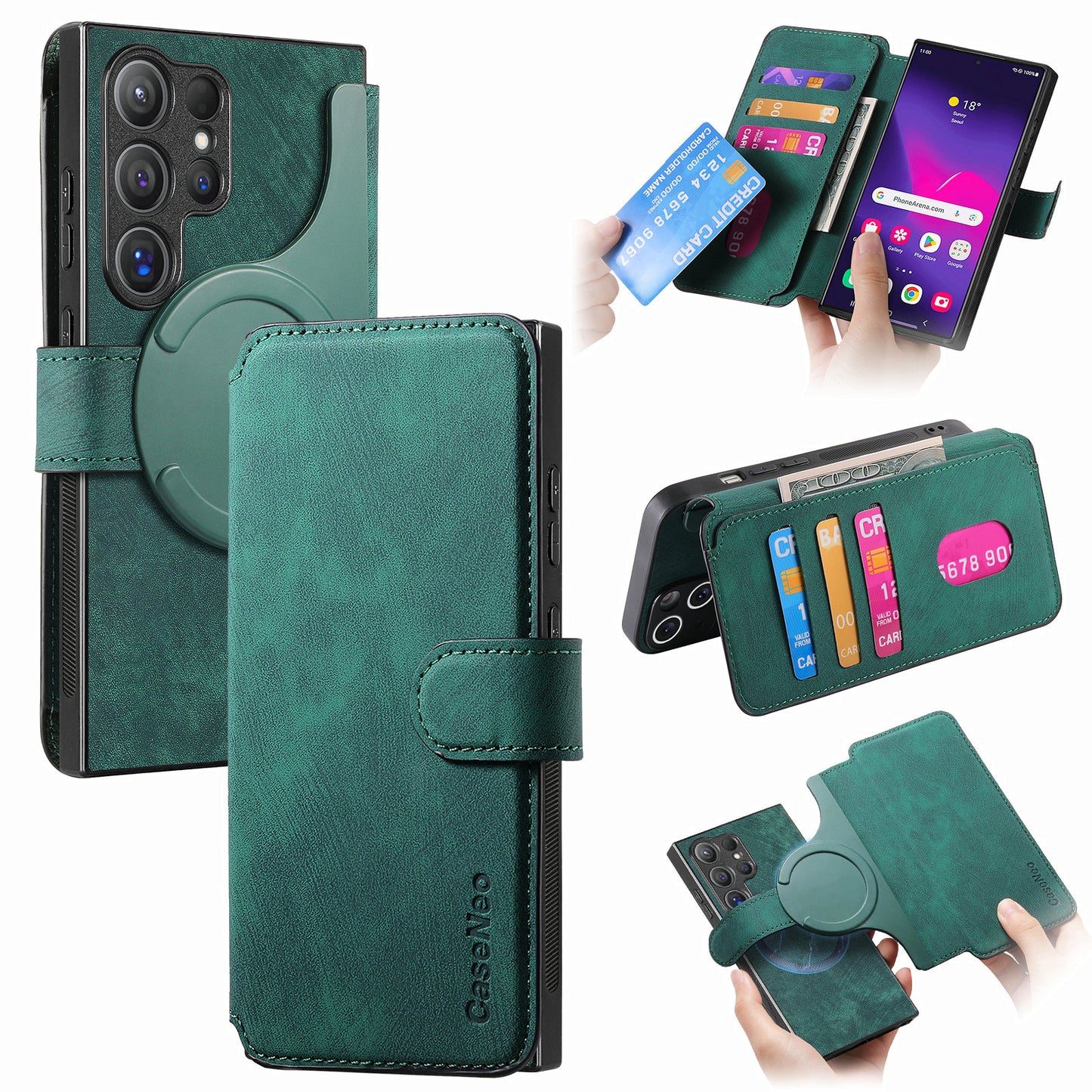 CASENEO MW-03 For Samsung Galaxy S24 Ultra Case Retro Leather Coated TPU Phone Cover 2 in 1 Detachable - Green