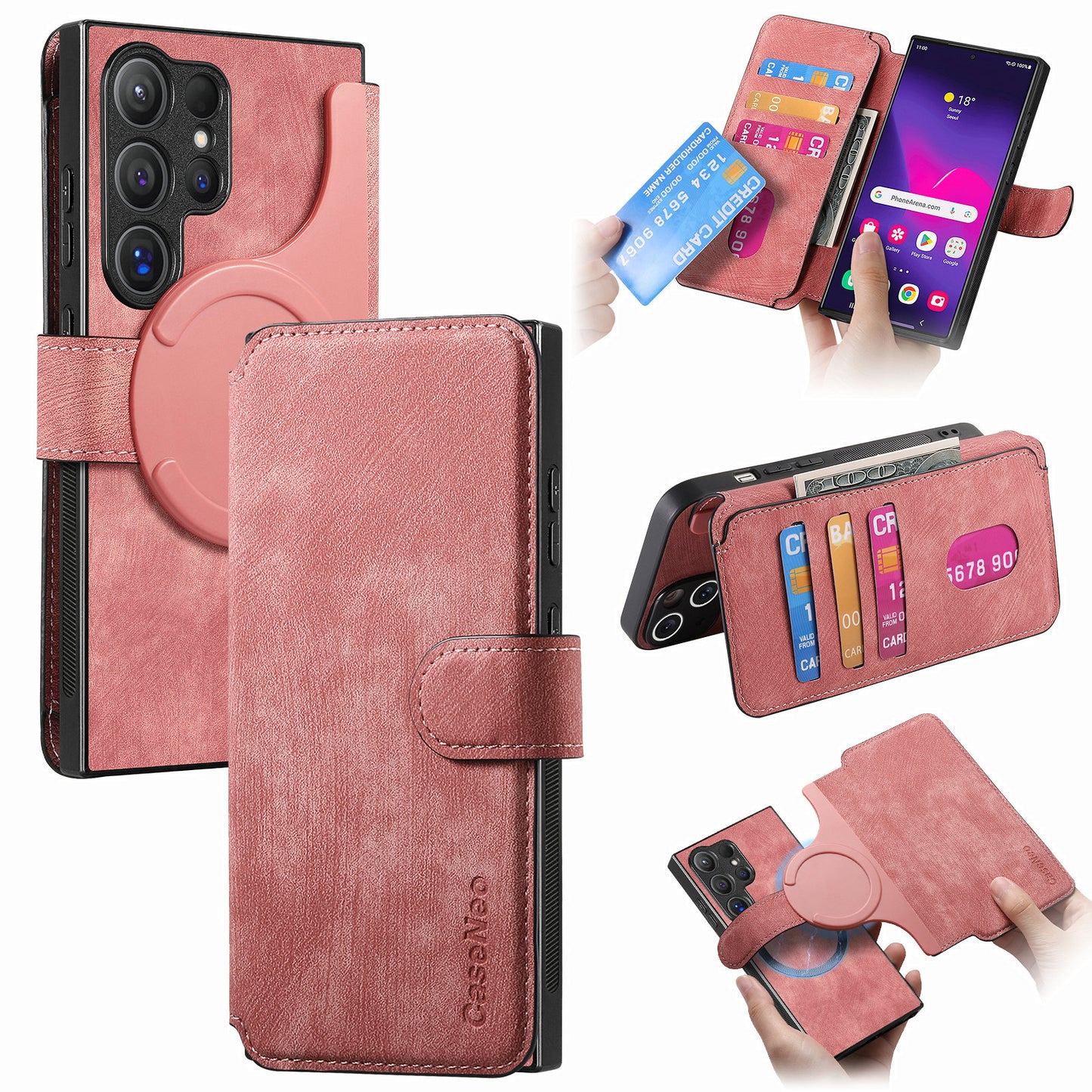 CASENEO MW-03 For Samsung Galaxy S24 Ultra Case Retro Leather Coated TPU Phone Cover 2 in 1 Detachable - Pink