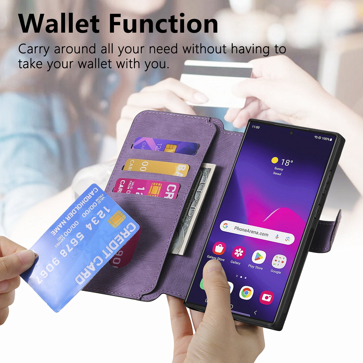 CASENEO MW-03 For Samsung Galaxy S24 Ultra Case Retro Leather Coated TPU Phone Cover 2 in 1 Detachable - Purple