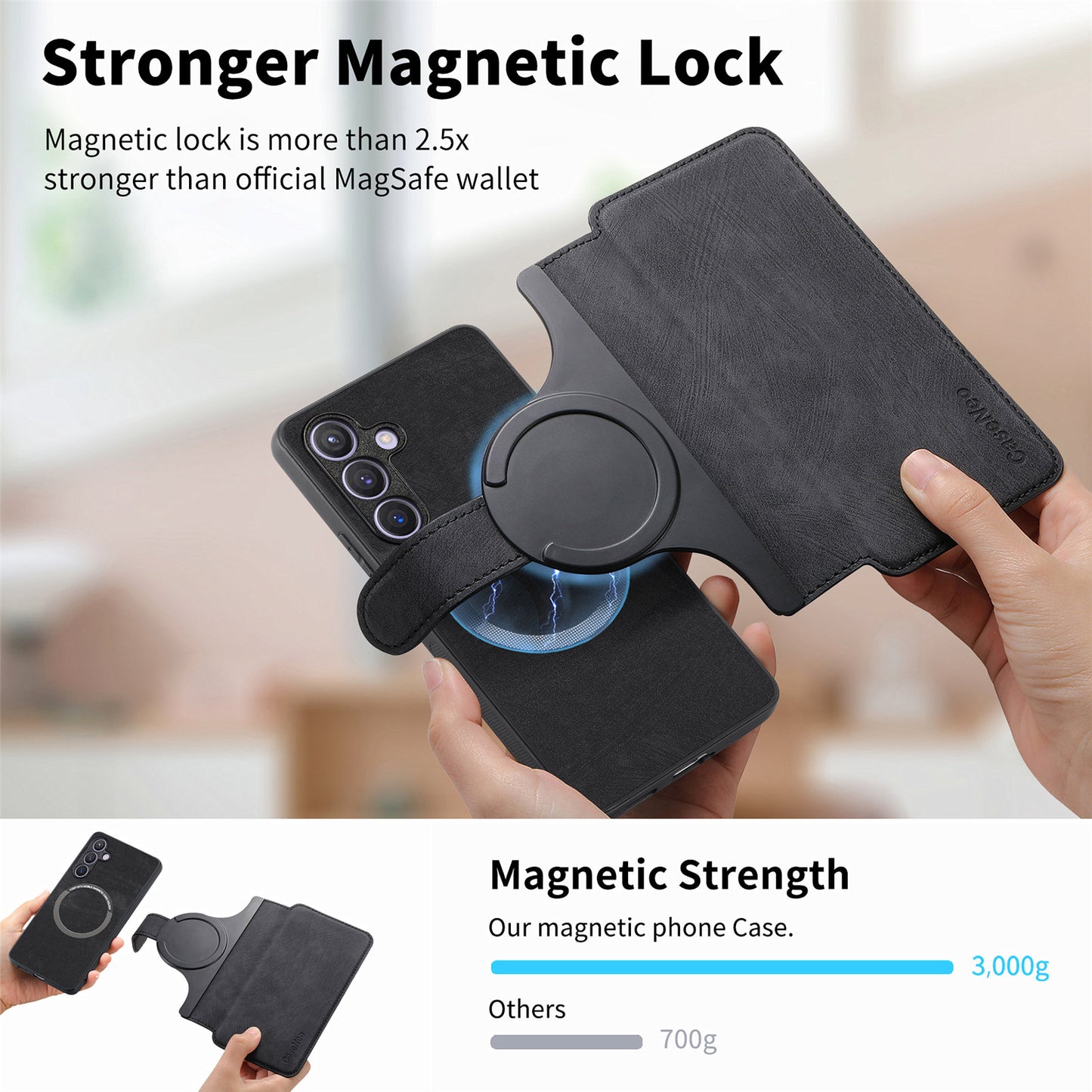 CASENEO MW-03 For Samsung Galaxy S24 Wallet Case Leather+TPU Magnetic Detachable Phone Cover - Black