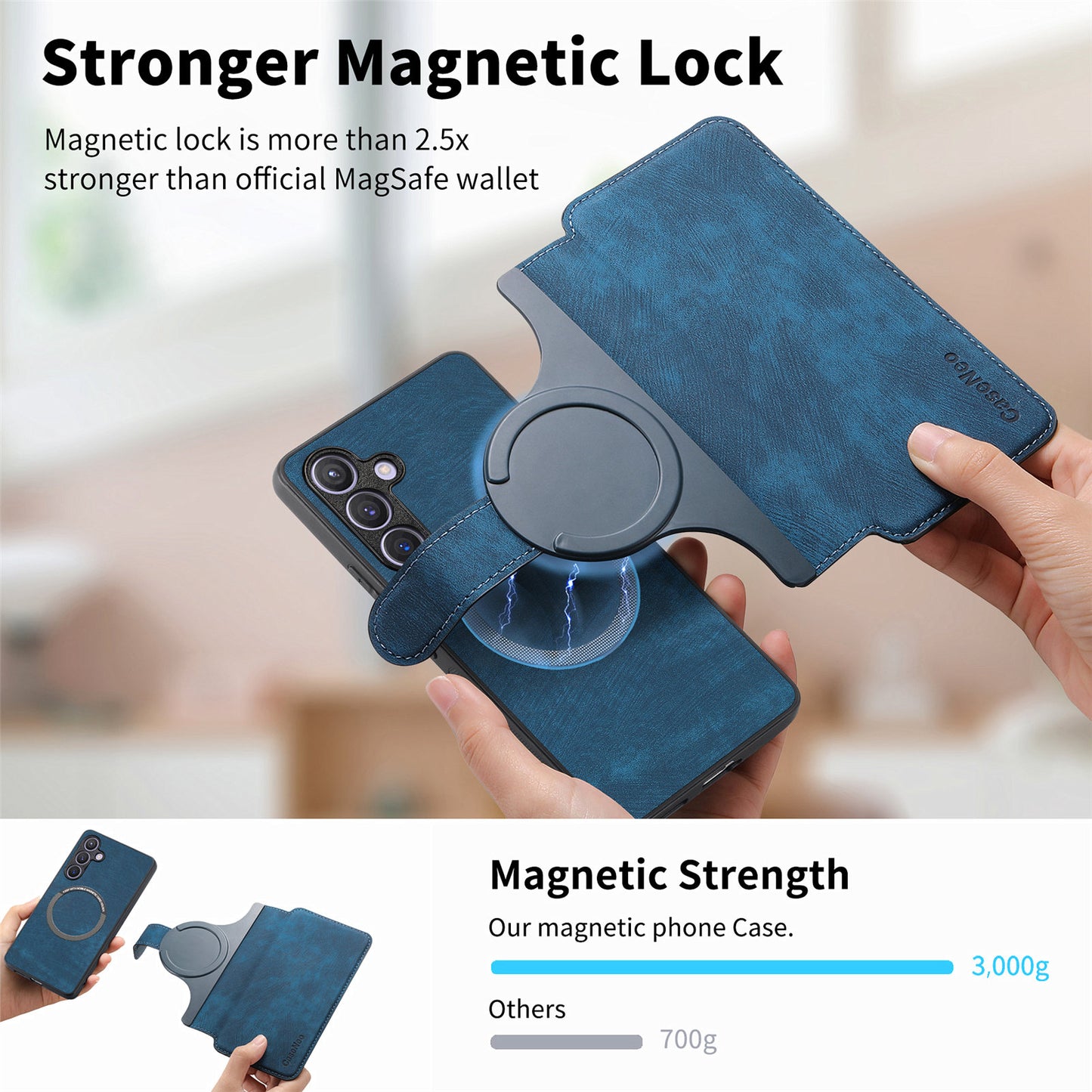 CASENEO MW-03 For Samsung Galaxy S24 Wallet Case Leather+TPU Magnetic Detachable Phone Cover - Dark Blue