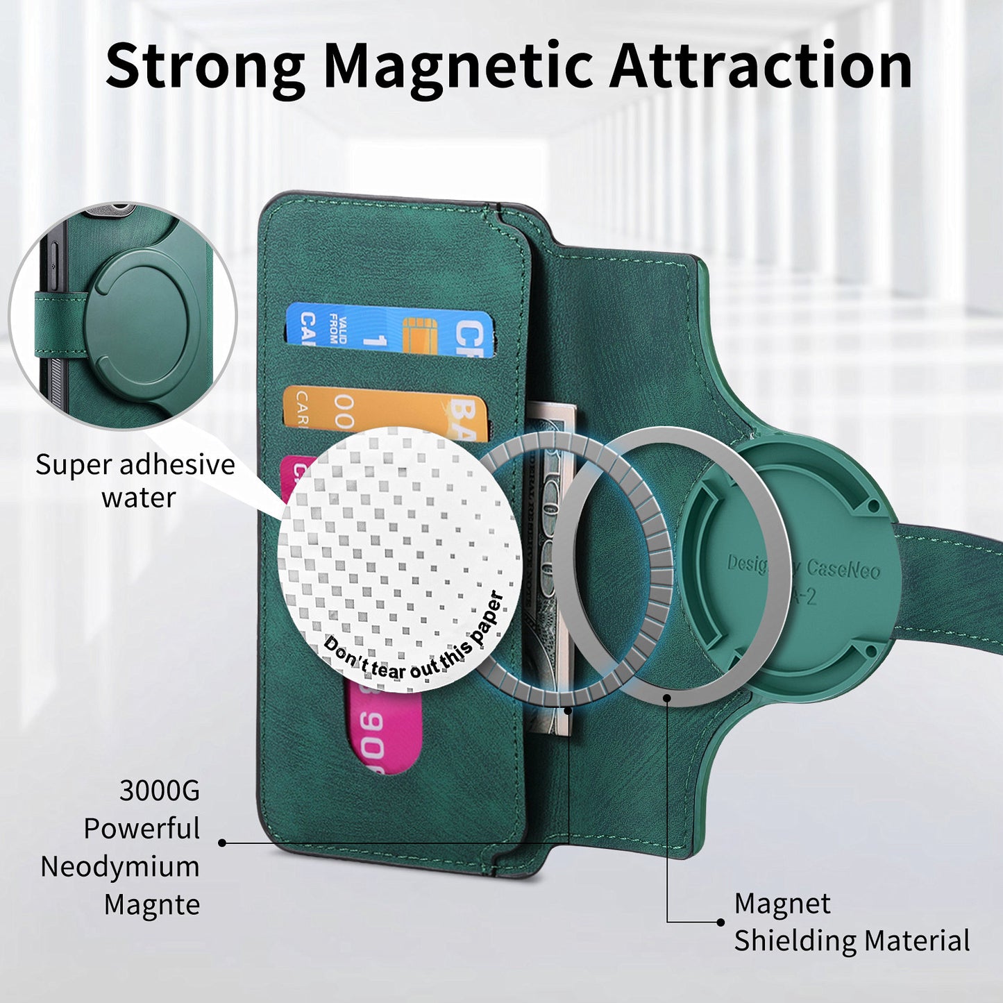 CASENEO MW-03 For Samsung Galaxy S24 Wallet Case Leather+TPU Magnetic Detachable Phone Cover - Green