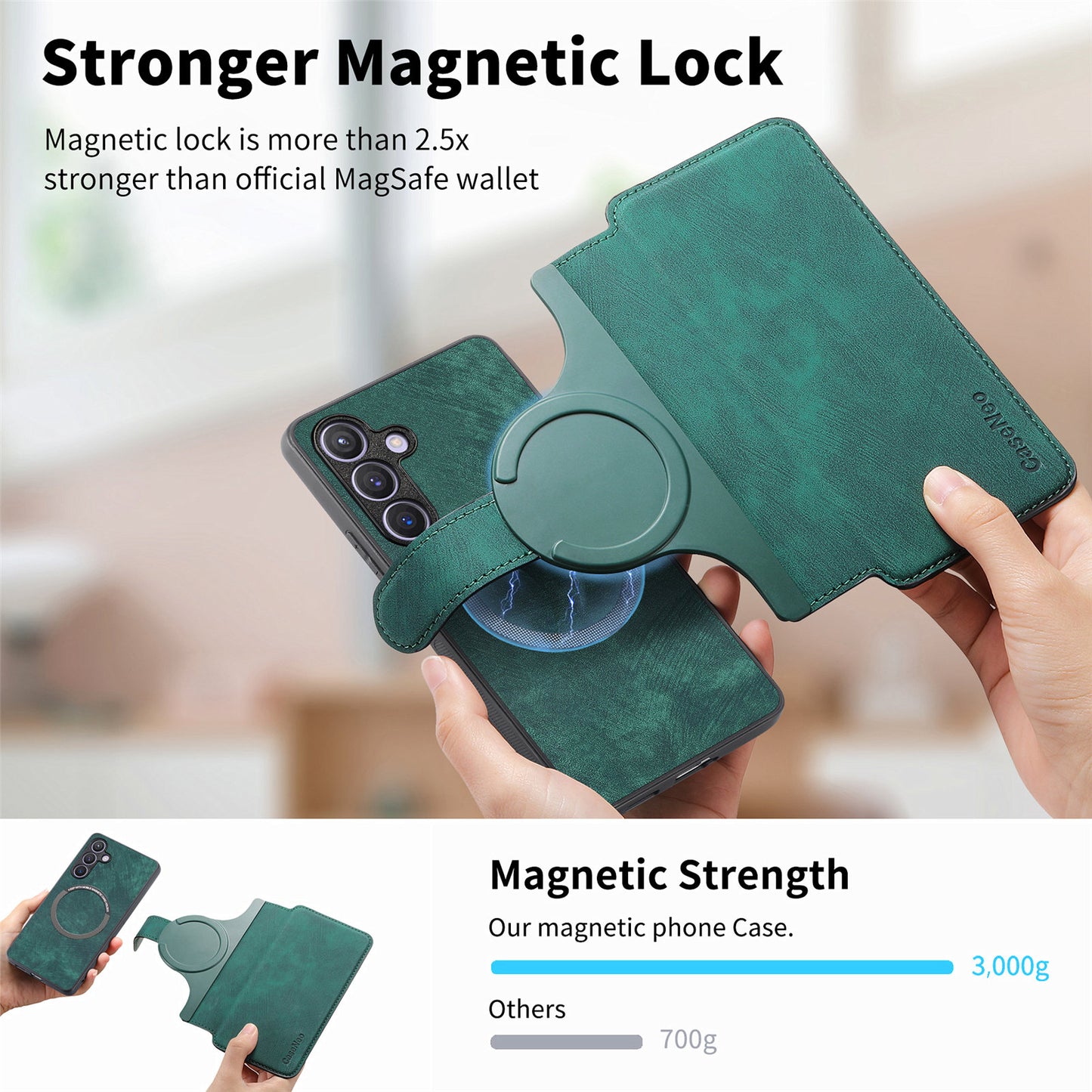 CASENEO MW-03 For Samsung Galaxy S24 Wallet Case Leather+TPU Magnetic Detachable Phone Cover - Green