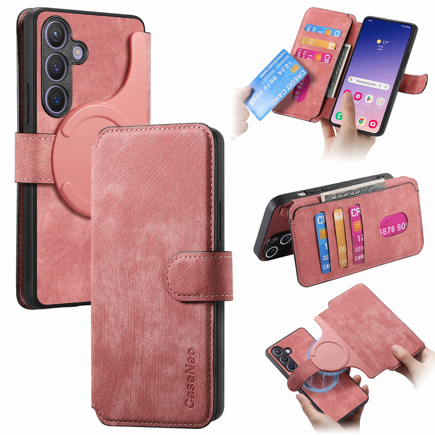 CASENEO MW-03 For Samsung Galaxy S24 Wallet Case Leather+TPU Magnetic Detachable Phone Cover - Pink