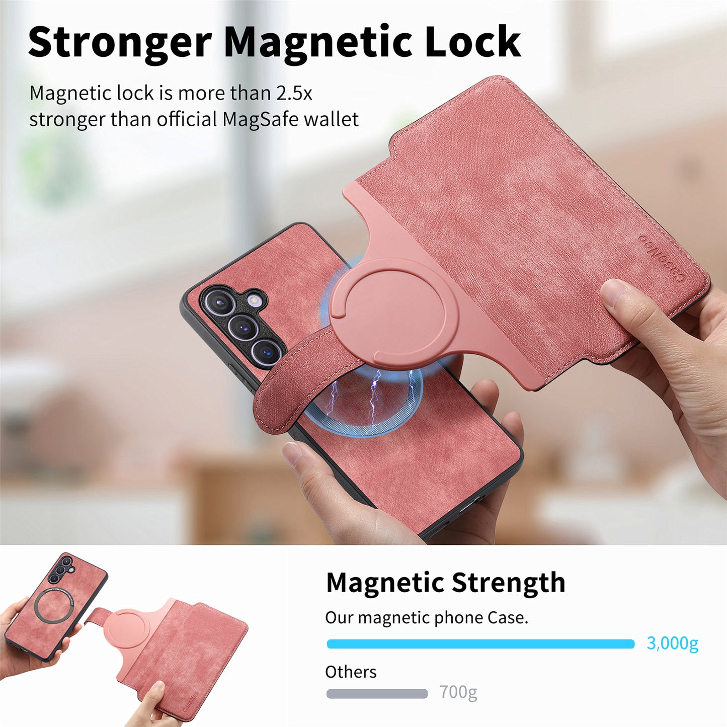 CASENEO MW-03 For Samsung Galaxy S24 Wallet Case Leather+TPU Magnetic Detachable Phone Cover - Pink