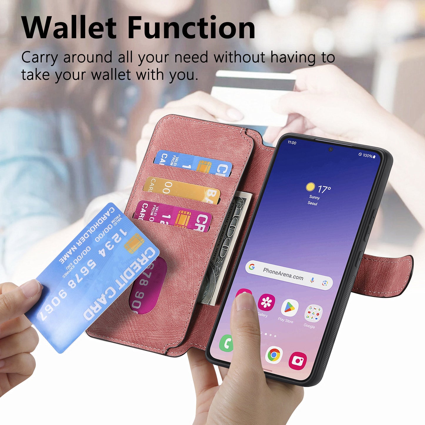 CASENEO MW-03 For Samsung Galaxy S24 Wallet Case Leather+TPU Magnetic Detachable Phone Cover - Pink