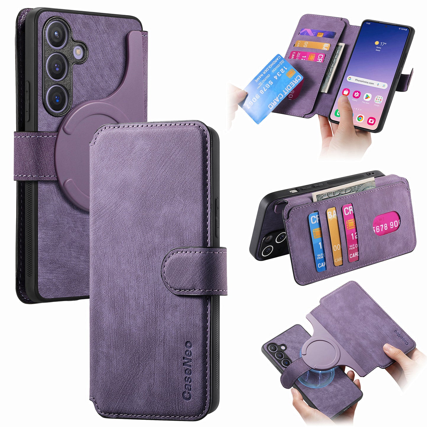 CASENEO MW-03 For Samsung Galaxy S24 Wallet Case Leather+TPU Magnetic Detachable Phone Cover - Purple