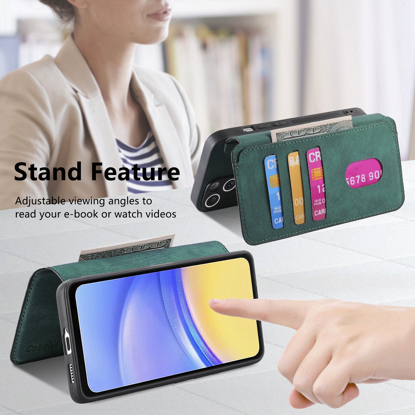 CASENEO MW-03 For Samsung Galaxy A25 5G (Global) (161.0 x 76.5 x 8.3mm) Case Detachable Magnetic Leather Cell Phone Back Cover - Green