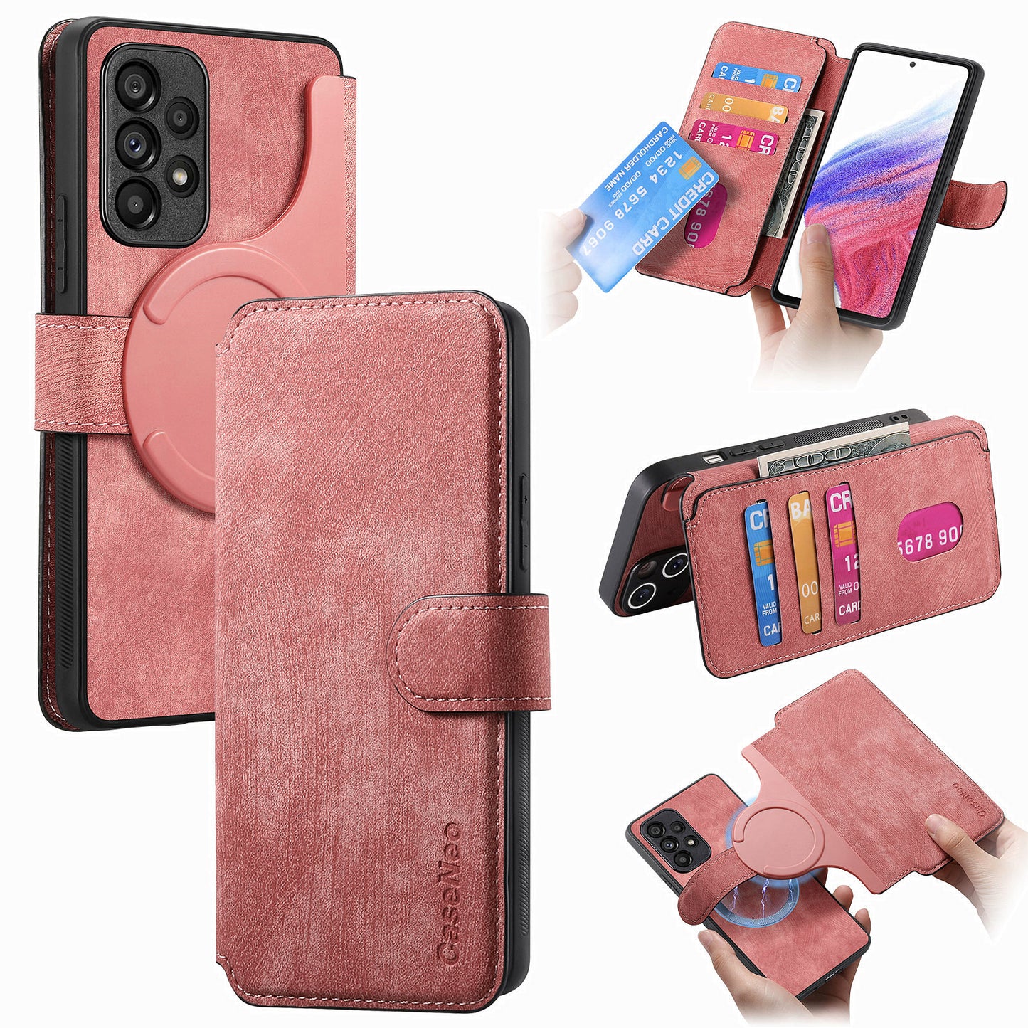 CASENEO MW-03 For Samsung Galaxy A53 5G Case Retro Leather Detachable Magnetic Wallet Back Cover - Pink