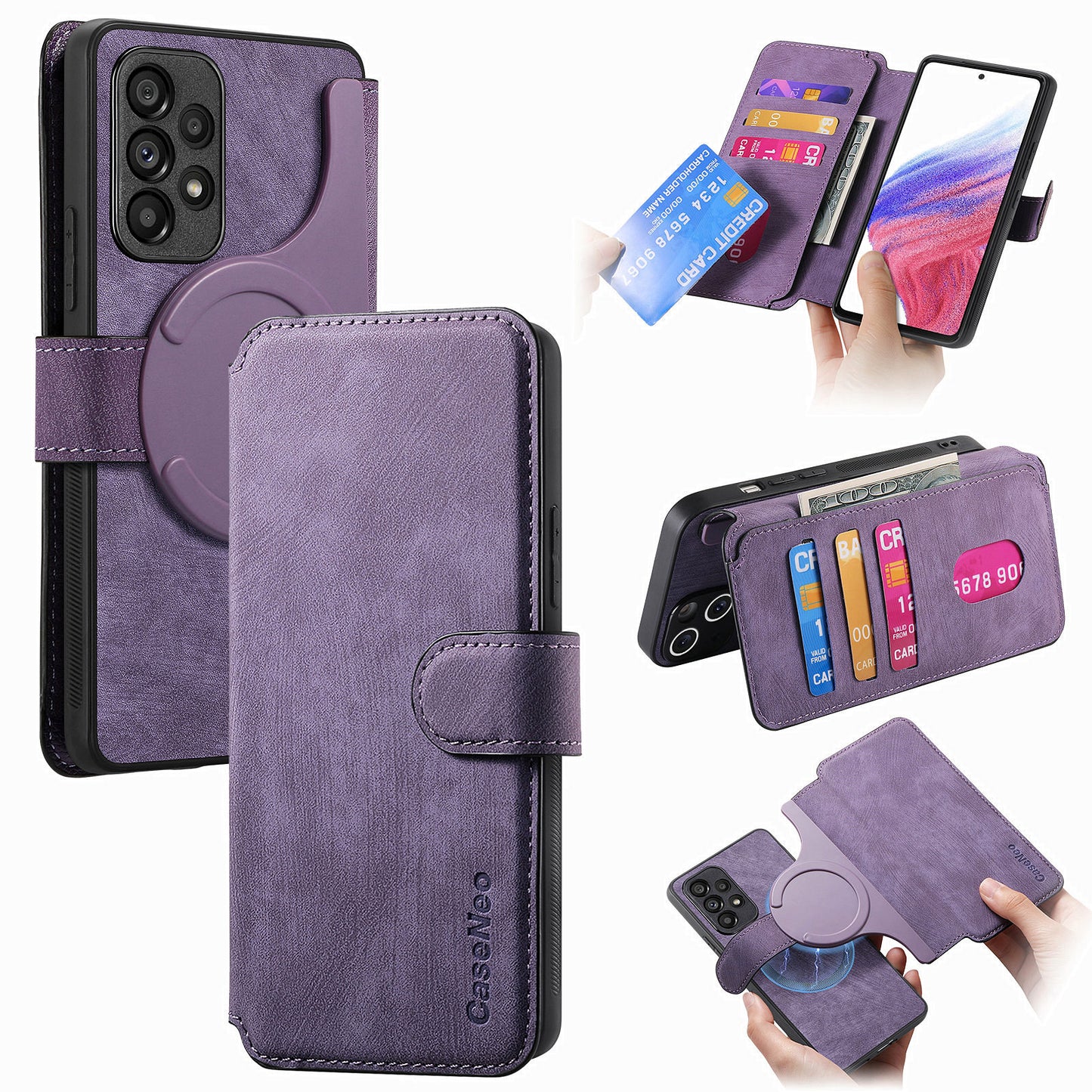CASENEO MW-03 For Samsung Galaxy A53 5G Case Retro Leather Detachable Magnetic Wallet Back Cover - Purple