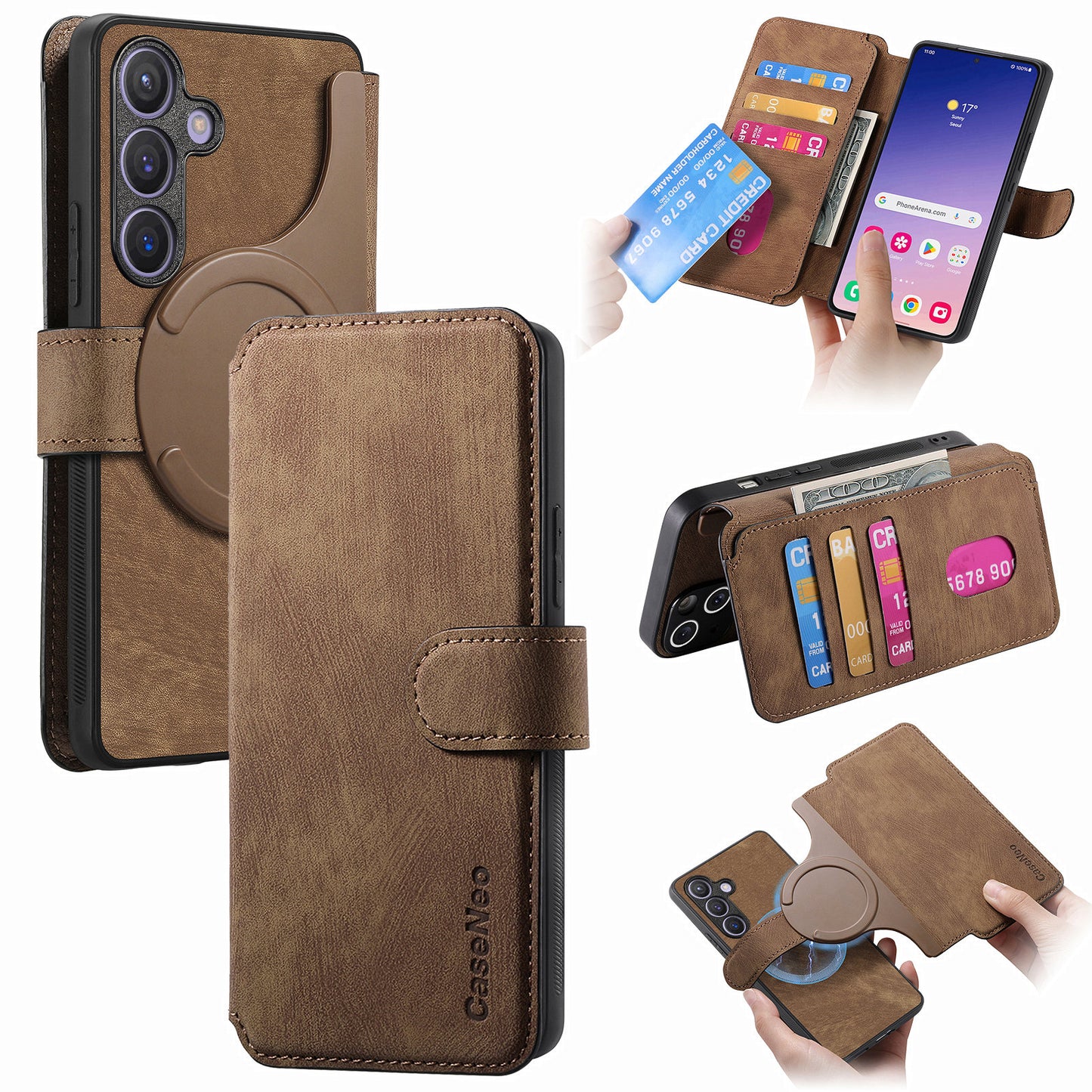CASENEO MW-03 For Samsung Galaxy S24+ Case RFID Blocking Leather+TPU Detachable Phone Cover - Brown