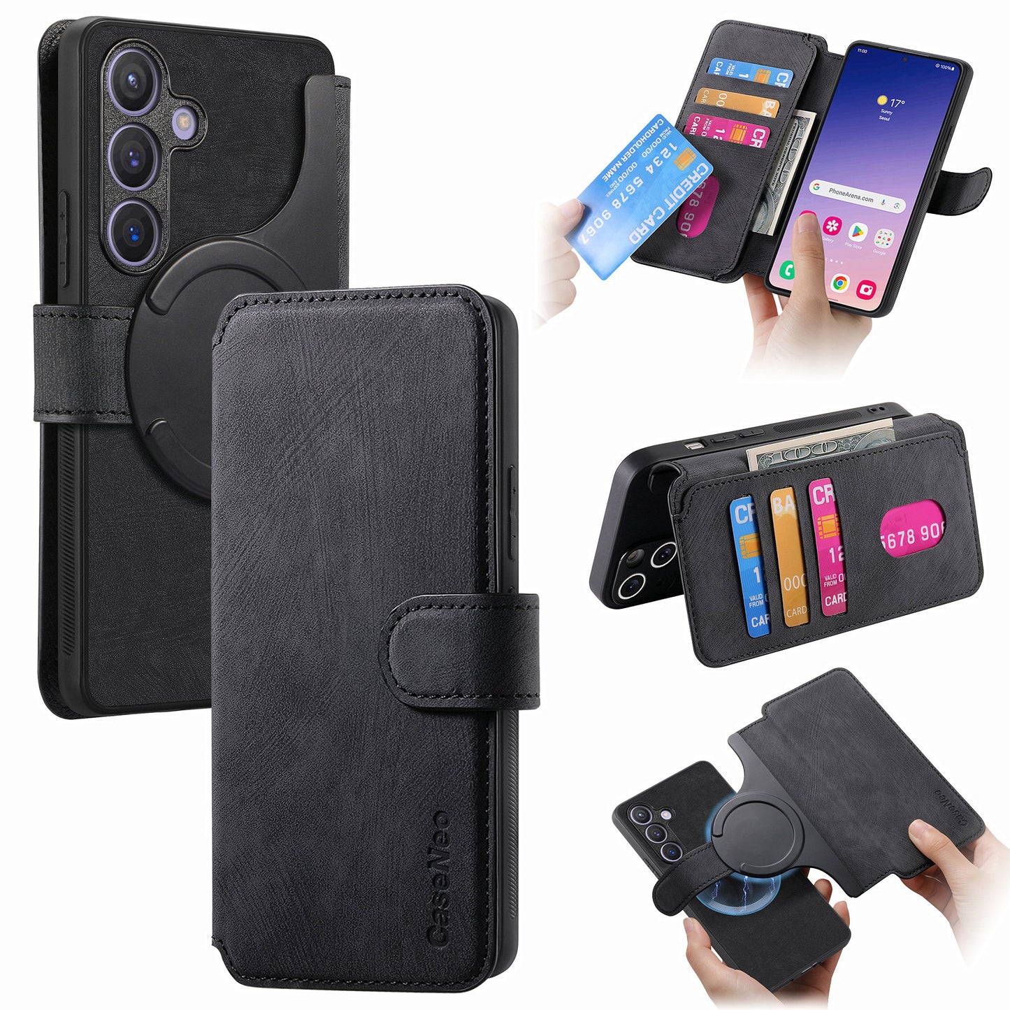 CASENEO MW-03 For Samsung Galaxy S24+ Case RFID Blocking Leather+TPU Detachable Phone Cover - Black