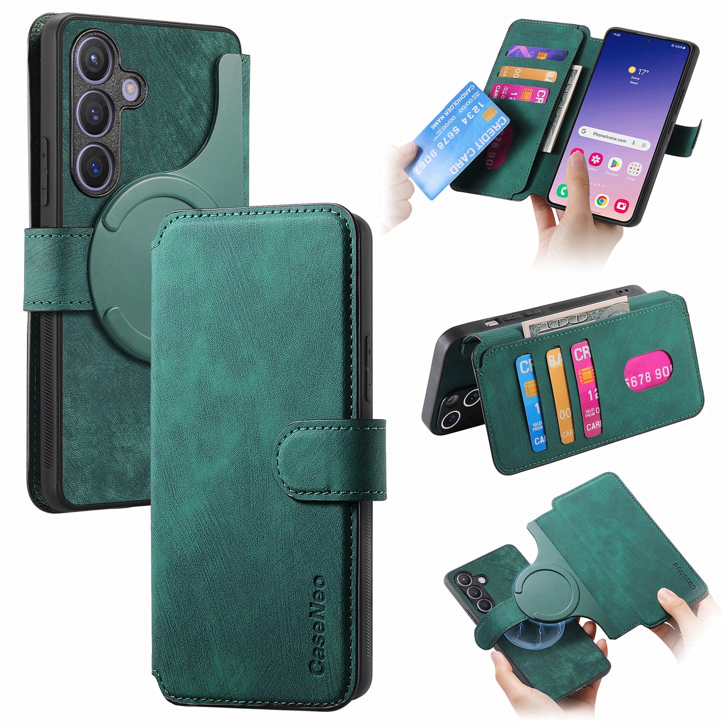 CASENEO MW-03 For Samsung Galaxy S24+ Case RFID Blocking Leather+TPU Detachable Phone Cover - Green