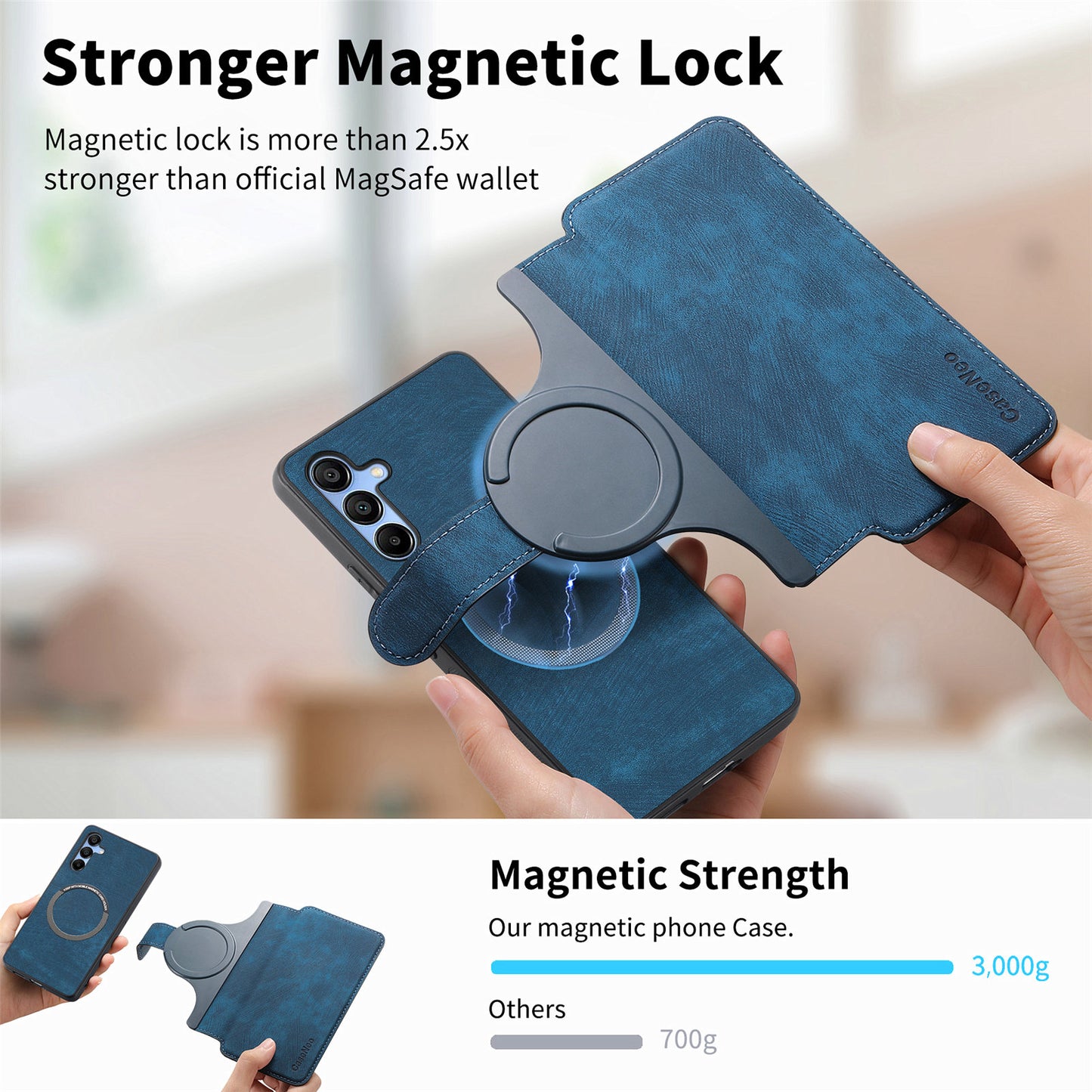CASENEO MW-03 For Samsung Galaxy A15 4G / 5G Case Retro Leather Stand RFID Blocking Detachable Phone Cover - Dark Blue