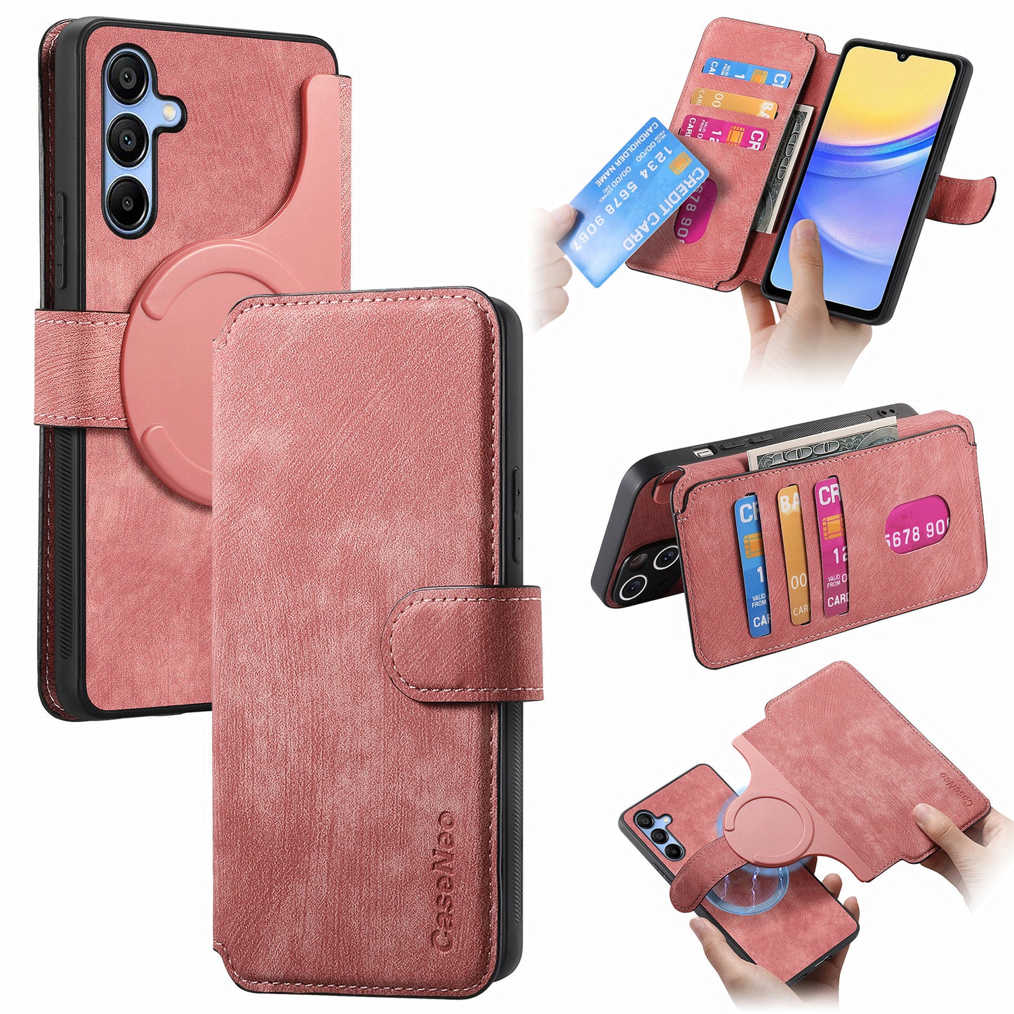 CASENEO MW-03 For Samsung Galaxy A15 4G / 5G Case Retro Leather Stand RFID Blocking Detachable Phone Cover - Pink
