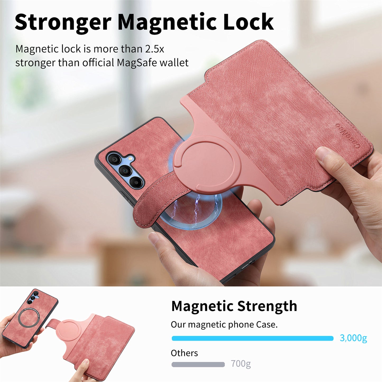 CASENEO MW-03 For Samsung Galaxy A15 4G / 5G Case Retro Leather Stand RFID Blocking Detachable Phone Cover - Pink