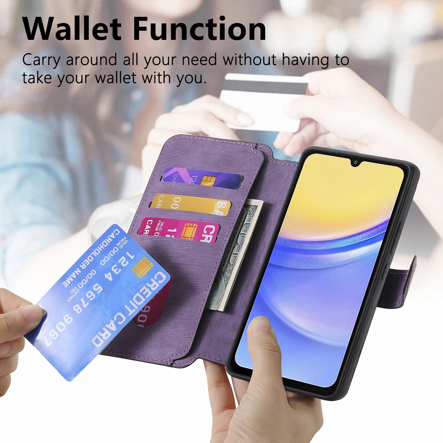 CASENEO MW-03 For Samsung Galaxy A15 4G / 5G Case Retro Leather Stand RFID Blocking Detachable Phone Cover - Purple