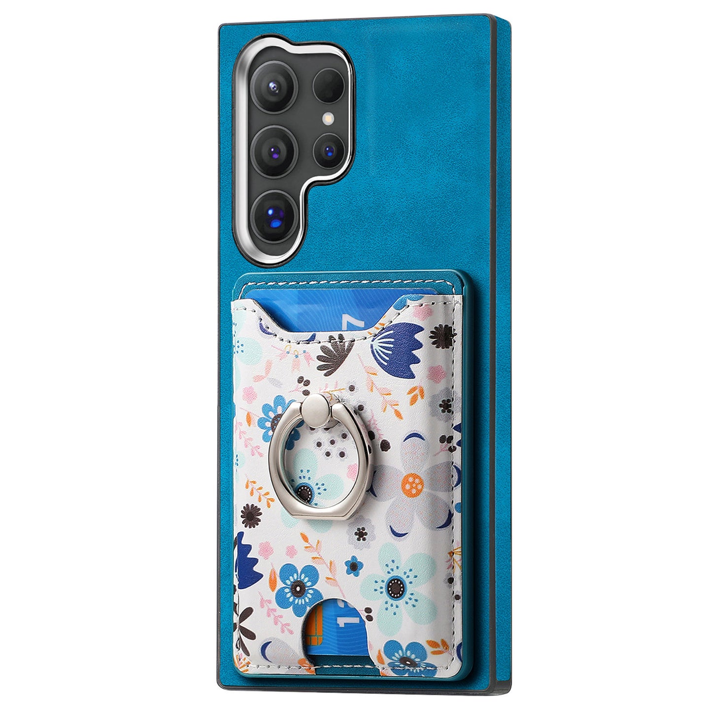 E4 for Samsung Galaxy S24 Ultra Case Leather Coated TPU Pattern Phone Cover with Ring Holder - Blue