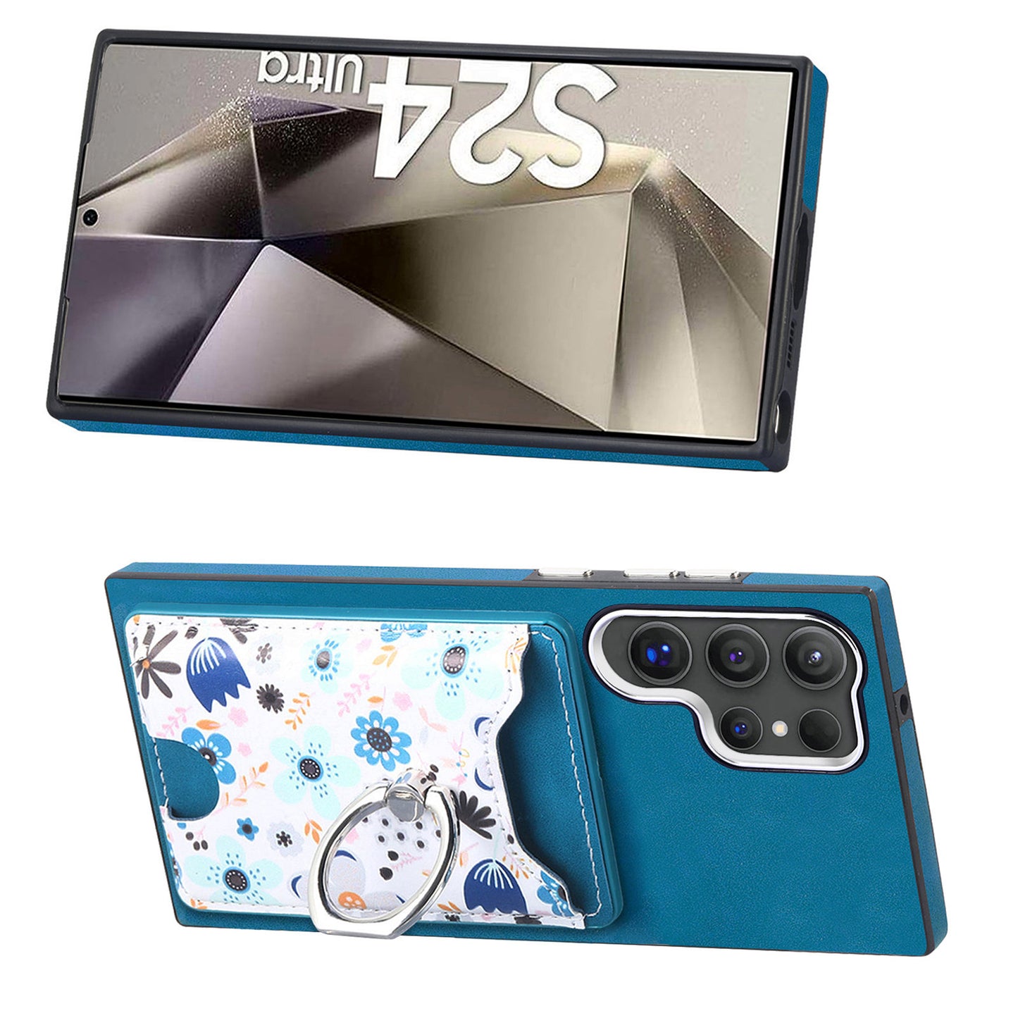 E4 for Samsung Galaxy S24 Ultra Case Leather Coated TPU Pattern Phone Cover with Ring Holder - Blue