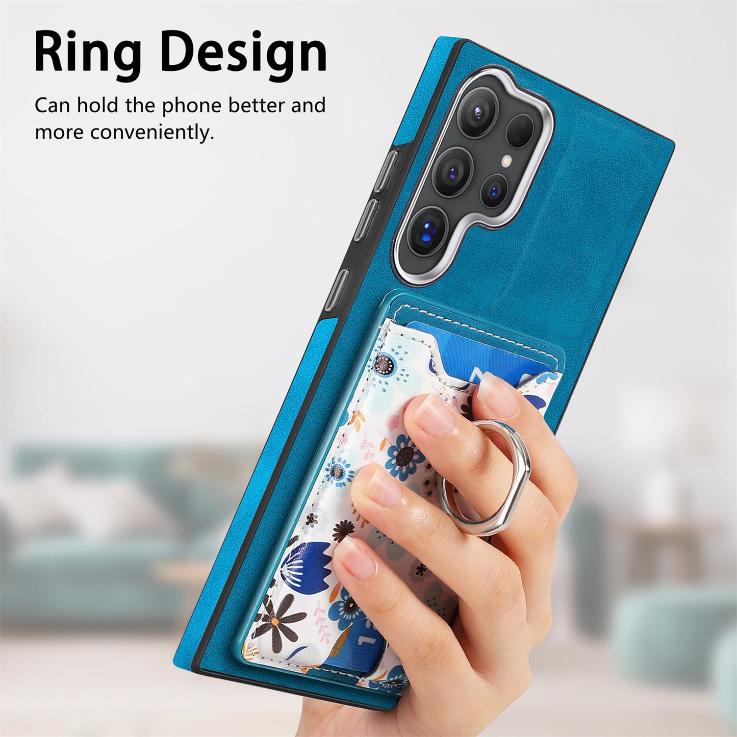 E4 for Samsung Galaxy S24 Ultra Case Leather Coated TPU Pattern Phone Cover with Ring Holder - Blue