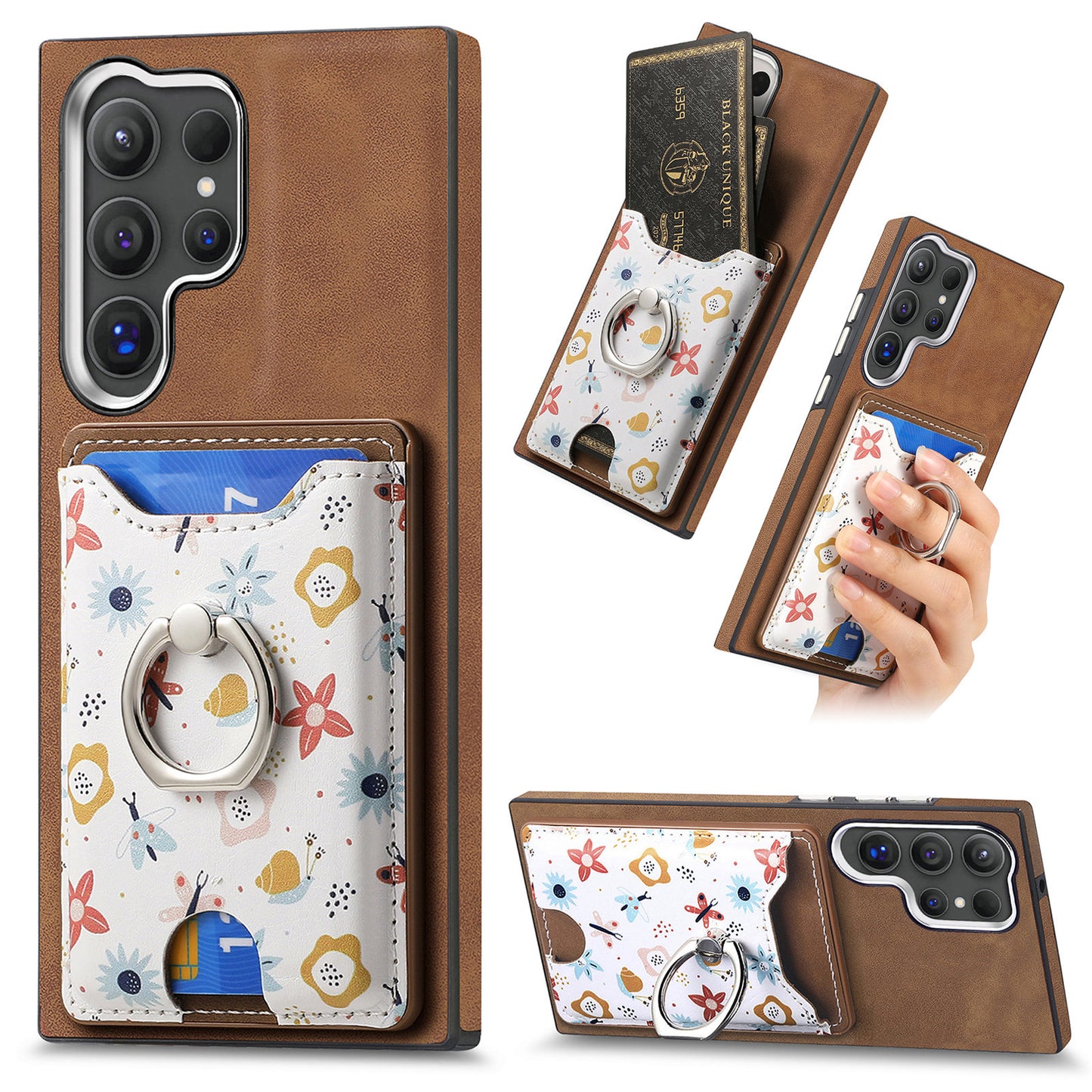 E4 for Samsung Galaxy S24 Ultra Case Leather Coated TPU Pattern Phone Cover with Ring Holder - Brown