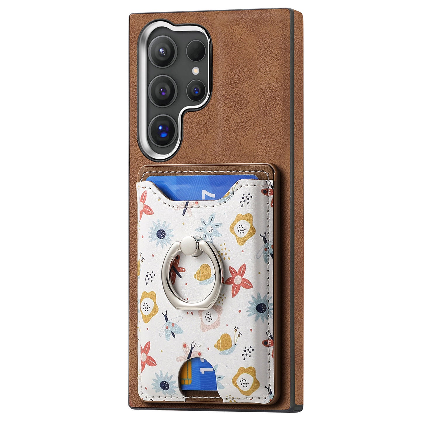 E4 for Samsung Galaxy S24 Ultra Case Leather Coated TPU Pattern Phone Cover with Ring Holder - Brown