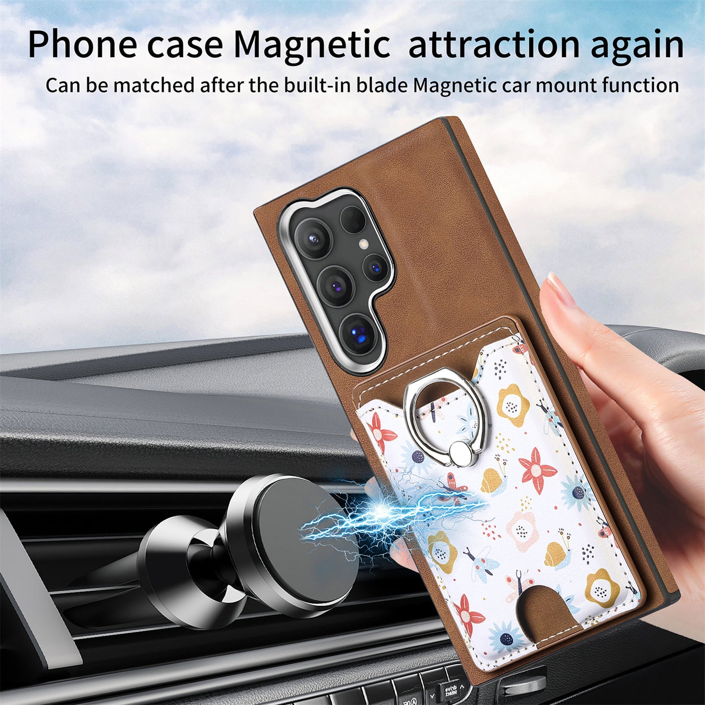 E4 for Samsung Galaxy S24 Ultra Case Leather Coated TPU Pattern Phone Cover with Ring Holder - Brown